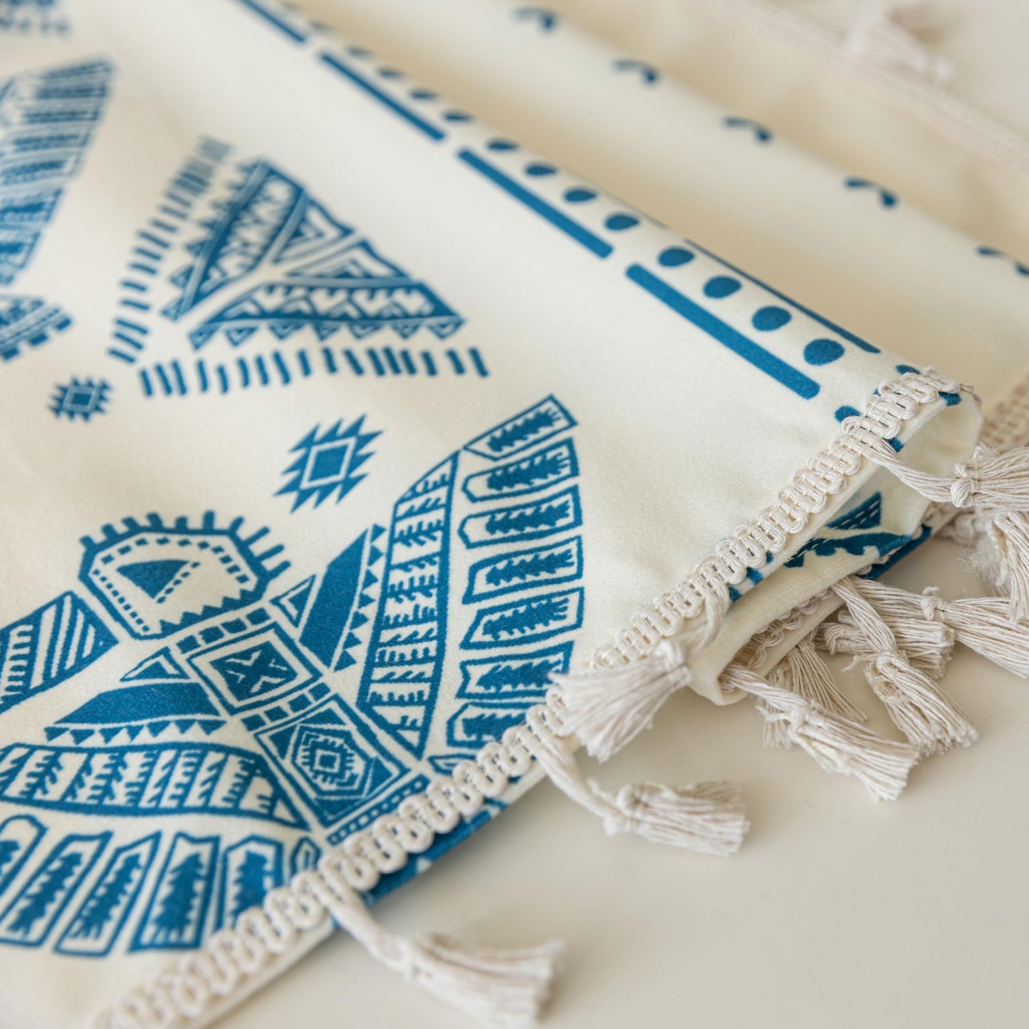 Erbnaryx Blue Geometric Curtains 72 Inches Long, Boho Farmhouse Light Filtering Rod Pocket Drapes with Tassel Trim for Bedroom Living Room, 2 Panels