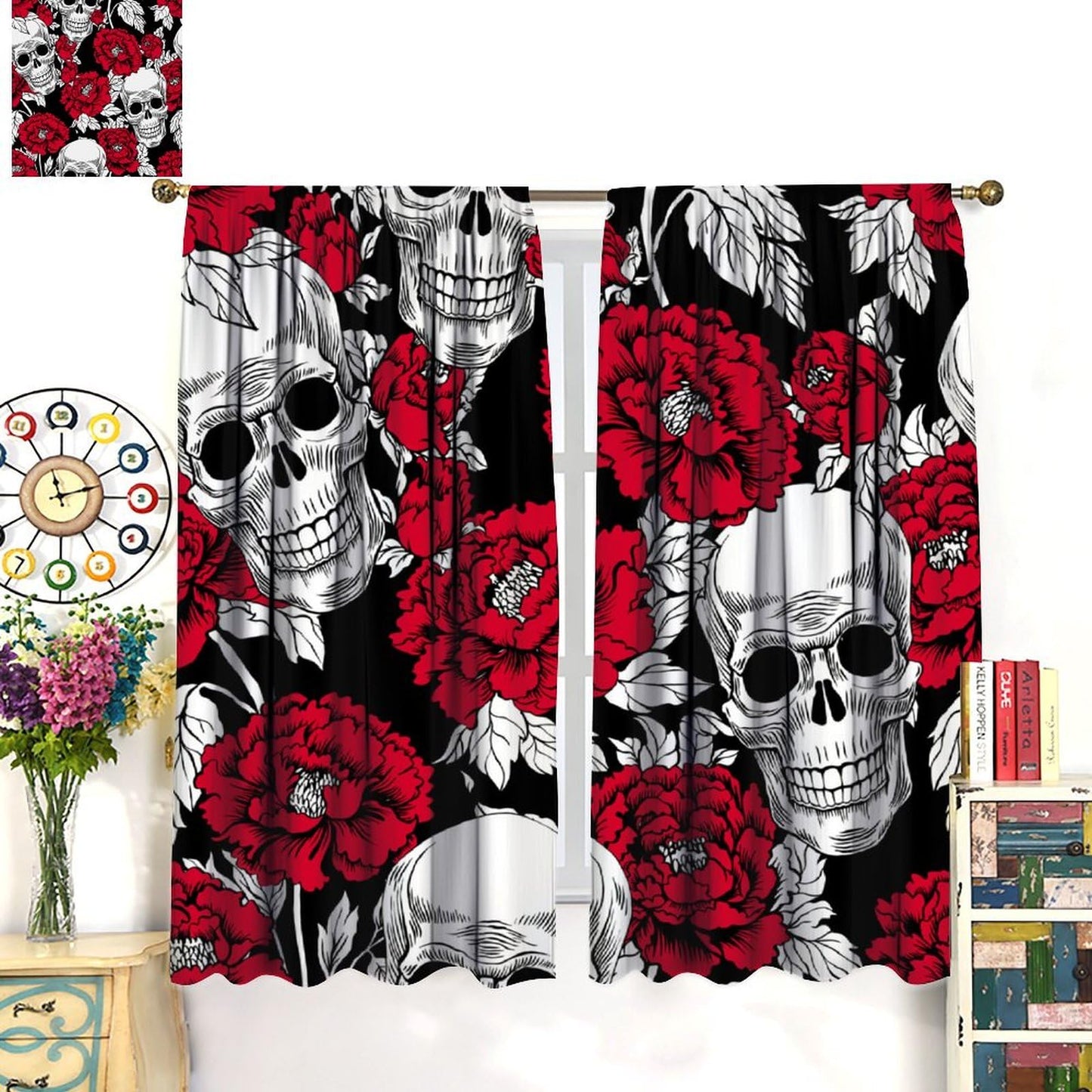 HZOHNAGO Gothic Curtains Skull Red Floral Pattern Blackout Print Rod Pocket Window Drapes for Bedroom Living Room 42x45in