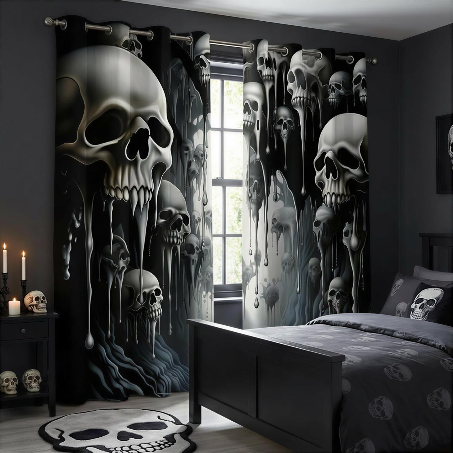 ONINUO Horror Skull Blackout Curtains for Girls Boy Home Decor, Day of The Dead Spooky Halloween Grommet Thermal Insulated Drapes Darkening Window Curtain for Bedroom Living Room, 42 x 45 Inch