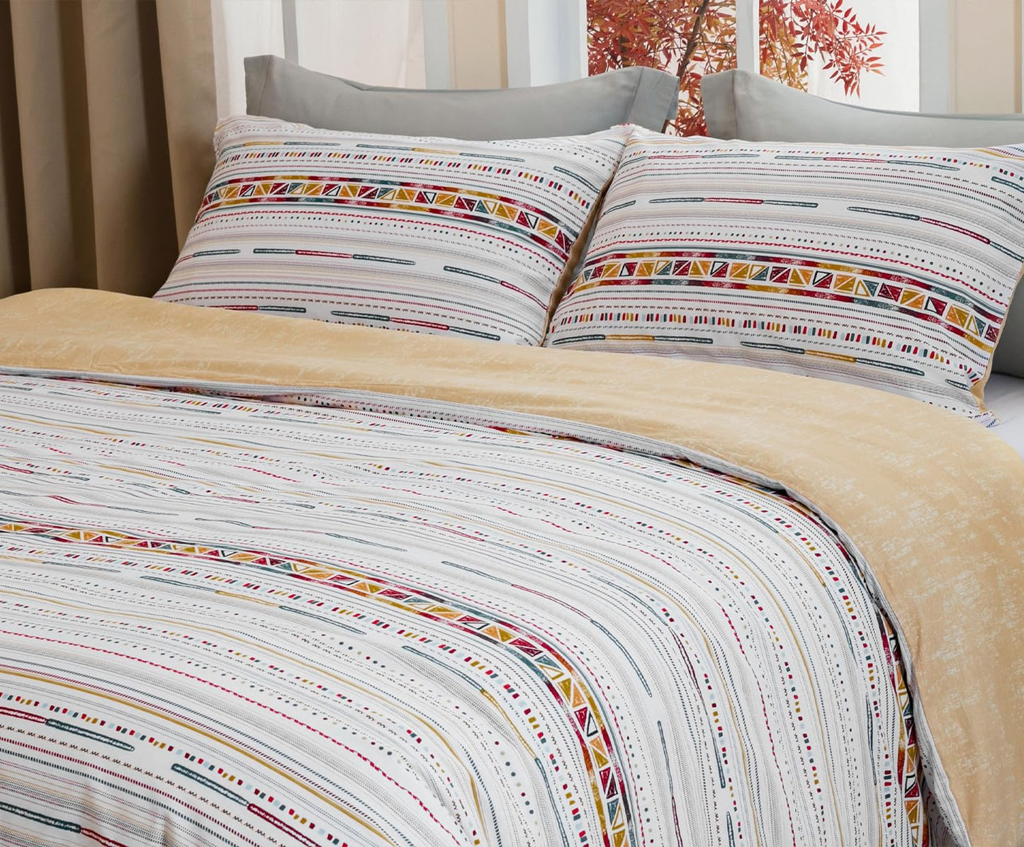 SLEEPBELLA Comforter Queen Size, 600 Thread Count Cotton Yellow Boho Pattern Light Yellow Reversible Comforter Set,Down Alternative Bedding Set 3Pcs(Queen, Yellow Boho)