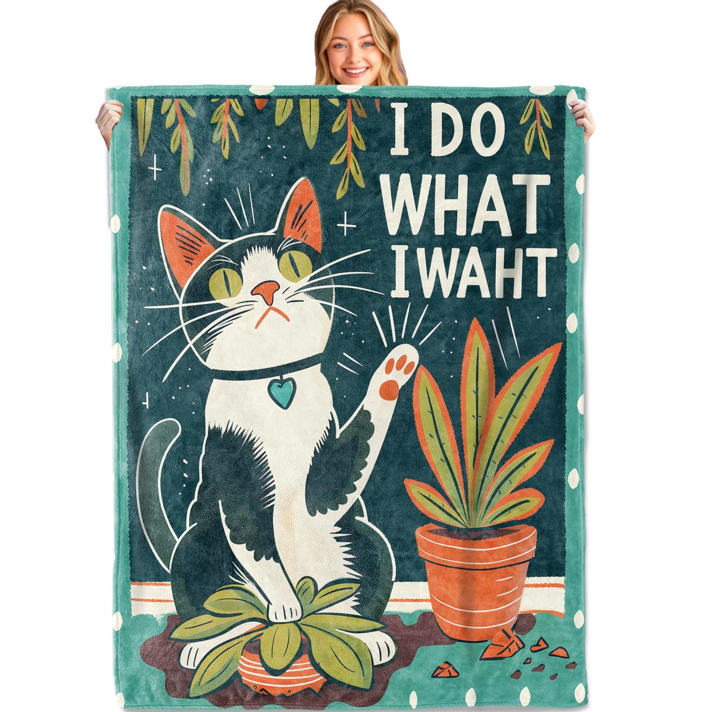MIEPOS Funny Cat Throw Blanket, 50x60in, Soft, Lightweight Flannel,Retro Cartoon Style Black and White Kitten with “i Do What I Waht” Quote Blankets, Gifts for Kids, for Home Living Room Decor