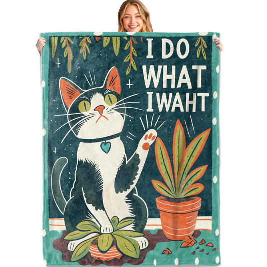 MIEPOS Funny Cat Throw Blanket, 50x60in, Soft, Lightweight Flannel,Retro Cartoon Style Black and White Kitten with “i Do What I Waht” Quote Blankets, Gifts for Kids, for Home Living Room Decor