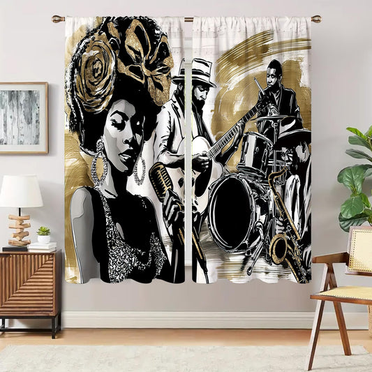 Glioown African American Window Curtains, Jazz Music Light-Filtering Drapes for Living Room Bedroom, Hippie Band Rod Pocket Window Treatments (2 Panels, 42 x 63 in)