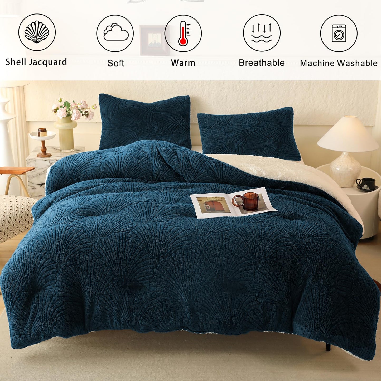 tohrisa Seashell Jacquard Sherpa Comforter Set Warm Cozy Premium Bedding 3 Pieces, King Size Geometric Pattern Quilt Comforter with 2 Pillowcases(104"X90" Dark Blue)