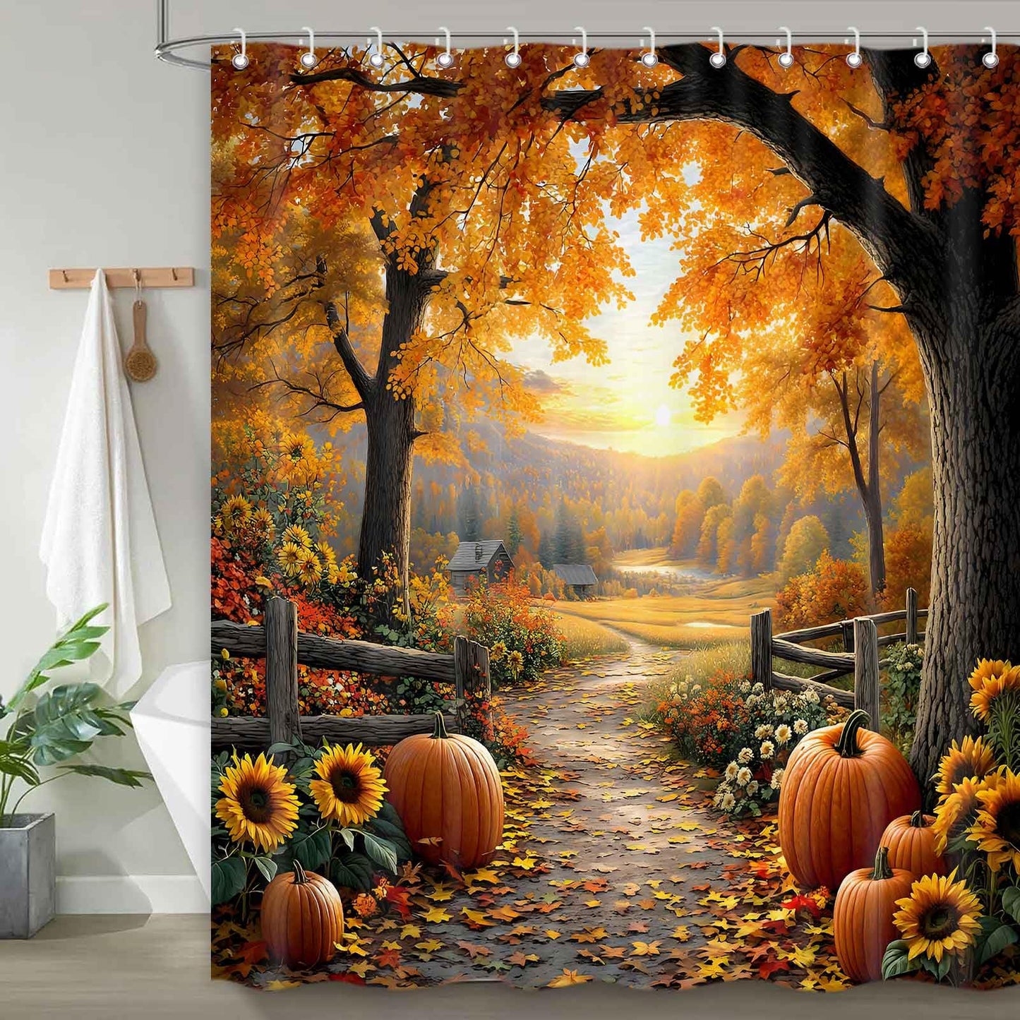 MDDGKH Fall Shower Curtains for Bathroom, Pathway in The Woods Autumn Tree Pumpkin Harvest Thanksgiving Shower Curtain, Cloth Fabric Bath Decor Set with Hooks, 71 x 71 Inch