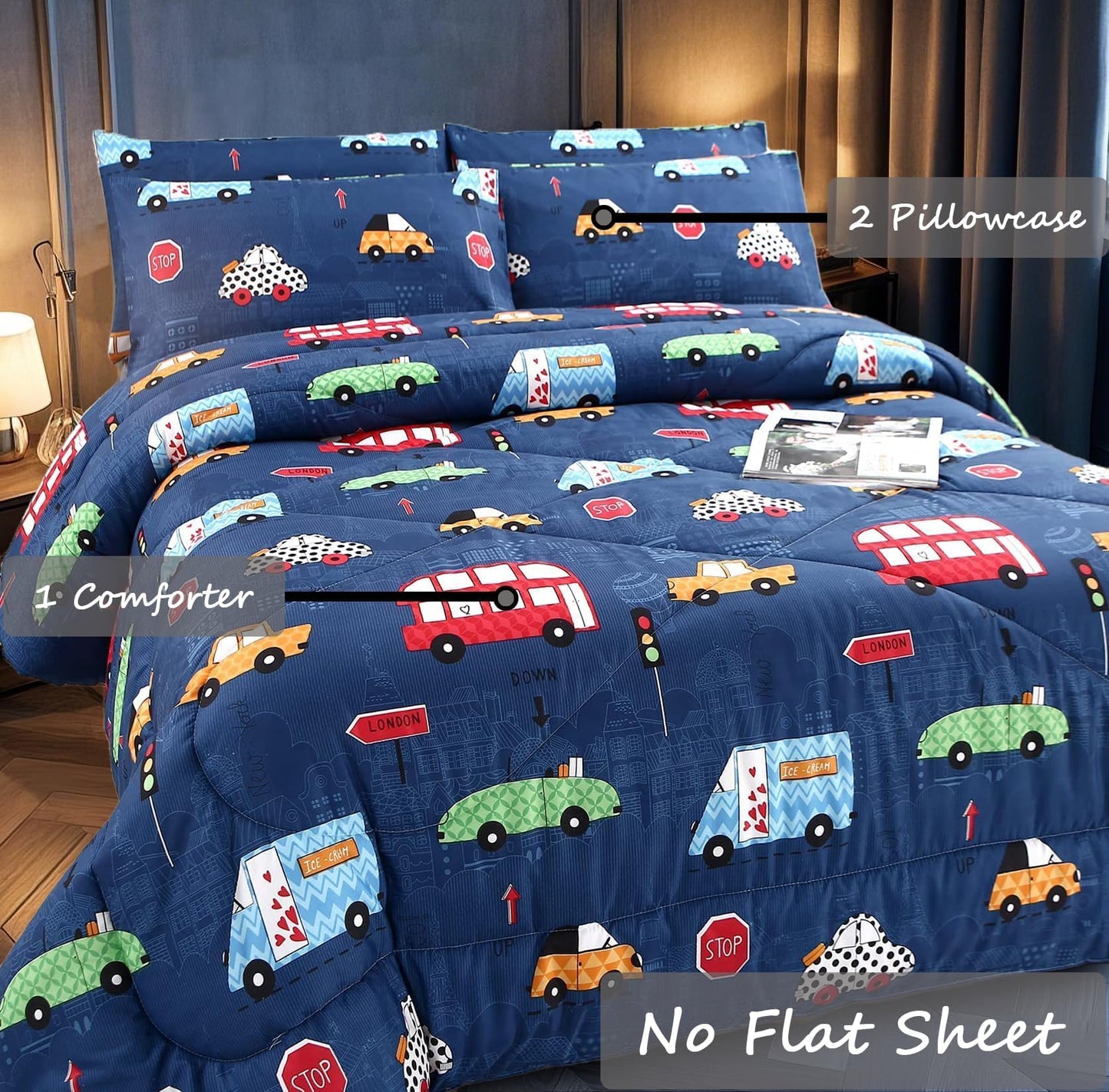 MAG 3Pcs Cartoon Car Bedding Comforter Set,Blue Cute Twin Comforter Set for Toddlers Kids Boys Teens and Girls,All Season Microfiber Super Soft,Twin Size