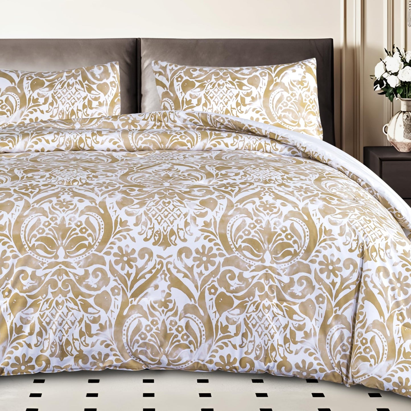 ALPHA HOME Comforter Set King Size, All Season Bedding Comforter Set, Comfortable Classic Damask Pattern Comforter Set with 100% Cotton Fabric (1 Comforter, 2 Pillowcases)