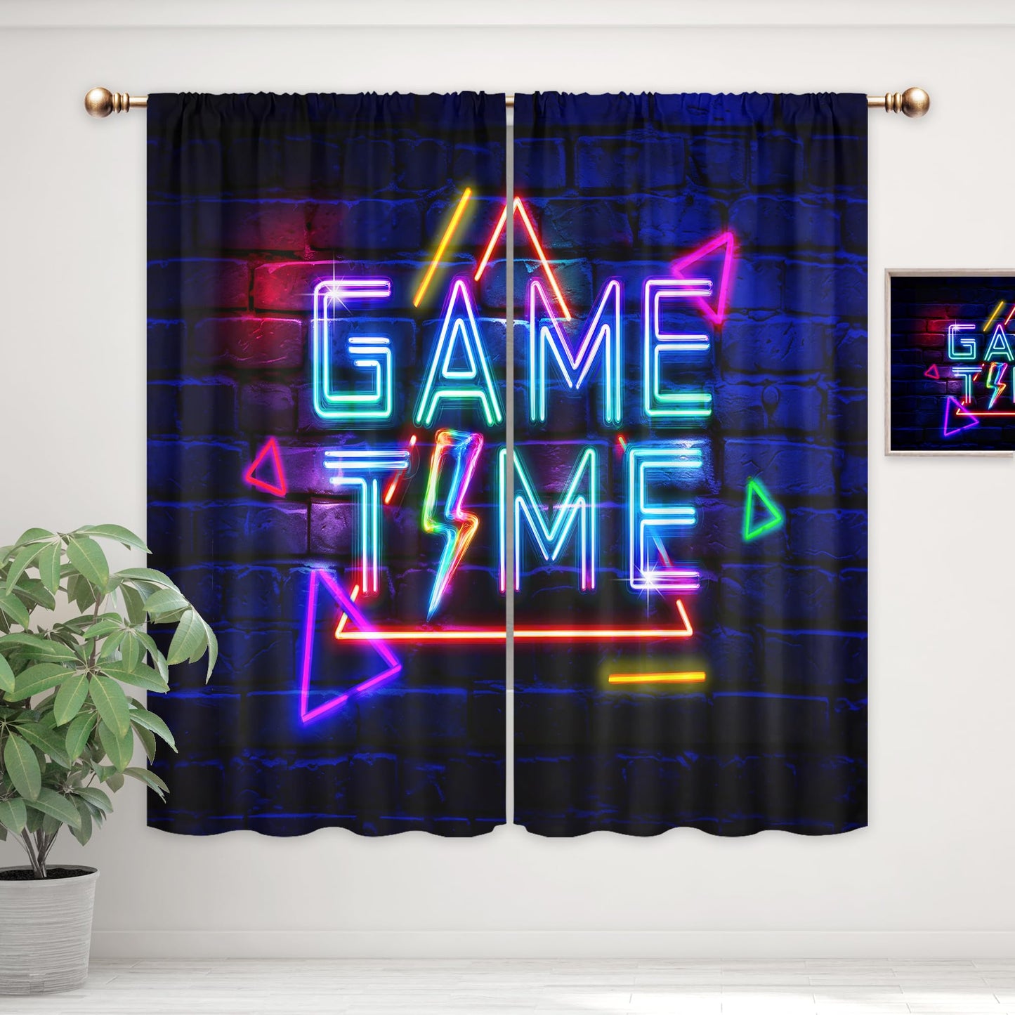 Mitpok Kids Neon Gaming Curtains for Boys Bedroom 42Wx63H Inch Rod Pocket Gamer Video Game Time Cool Modern Geometric Rustic Brick Wall Child 2 Panel Window Treatment Set for Playroom Room Decor