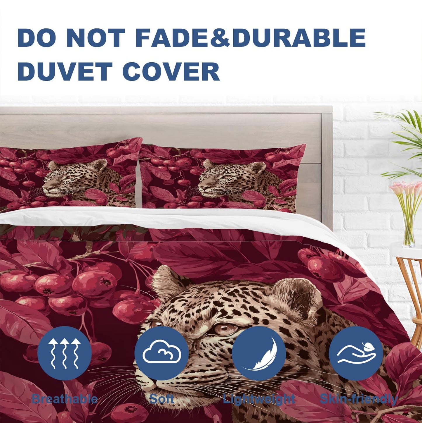 Batmerry Cute Leopard King Size 100% Cotton Duvet Cover Sets, in Red Berries Bedding Set with Zipper Closure Corner Ties, 3 Pieces (1 Cover + 2 Pillowcases No Comforter)