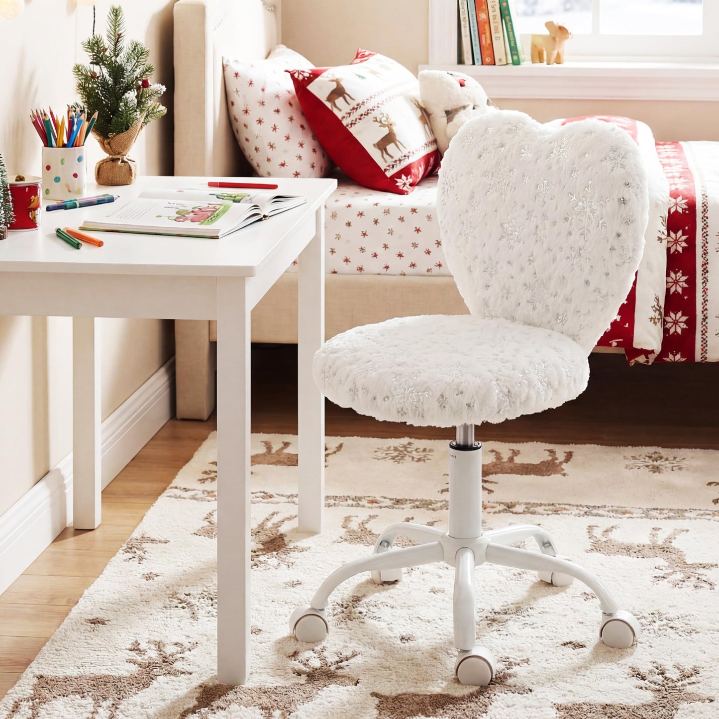 DM Furniture Kids Desk Chair - Girls Students Study Adjustable Computer Chair with Cute Heart Back for Home/Bedroom/School/Dorm, Snow White