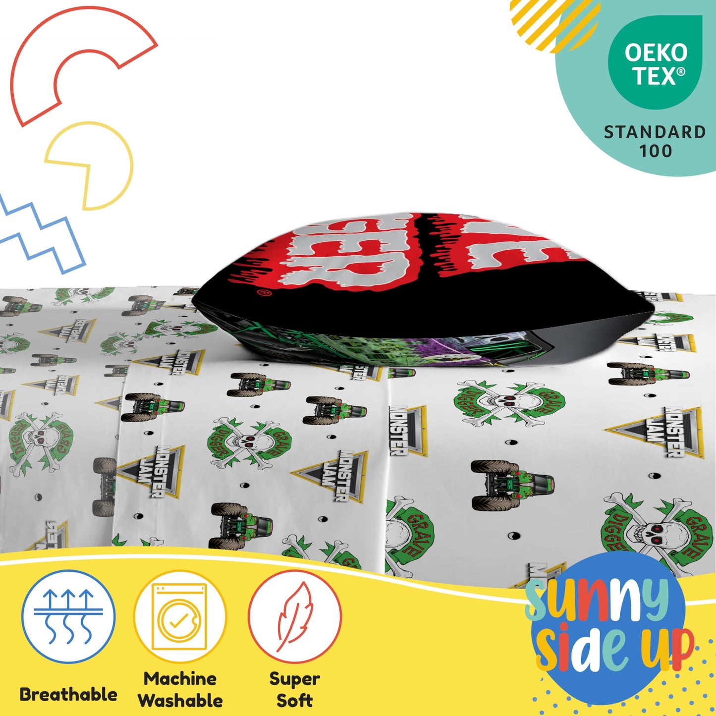 Sunny Side Up Monster Jam Grave Digger Twin Sheet Set - 3 Piece Kids Bedding Set Includes Pillow Cover - Super Soft Microfiber Sheets