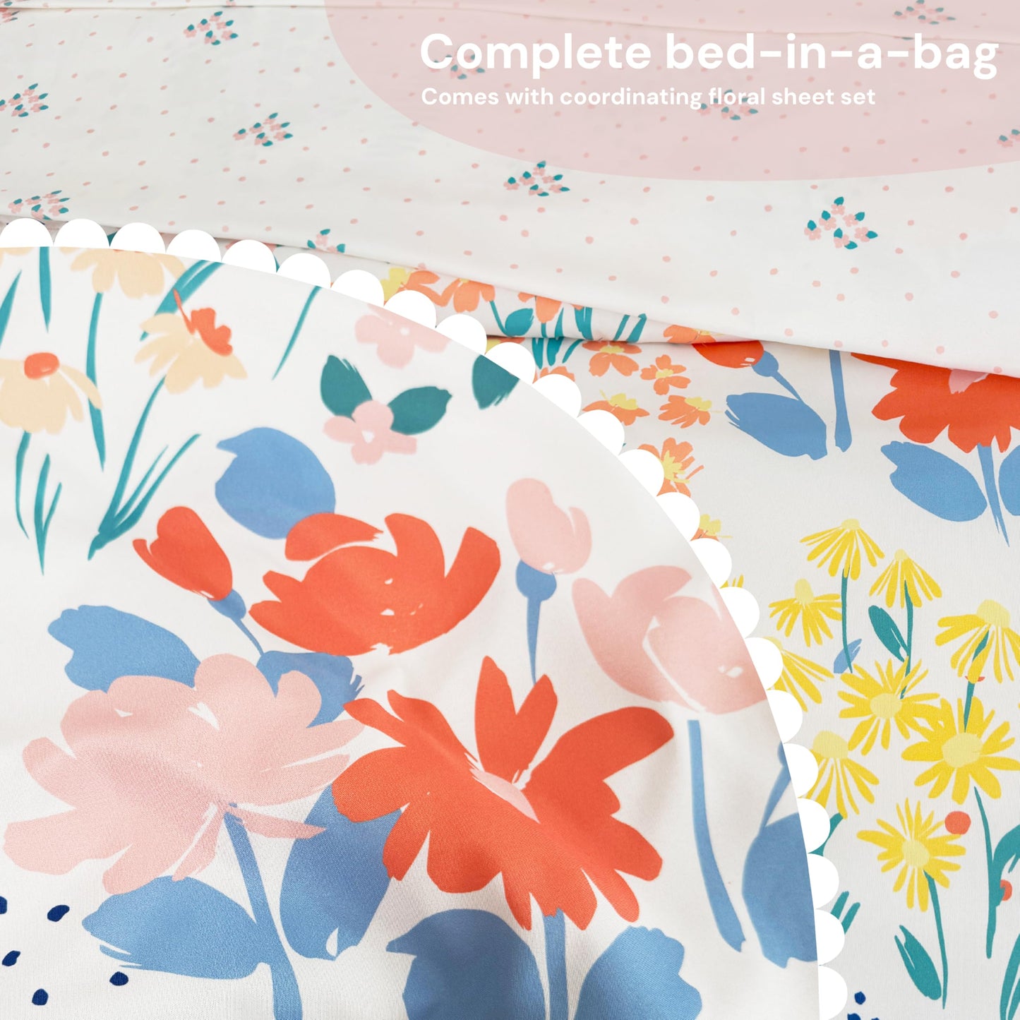 BLOOMHAVEN Twin XL Comforter Set for Girls, 5 Pieces Pink Botanical Floral Bedding Set, All Seasons Kids Dorm Bed in a Bag with Sheets, Pillowcase & Sham