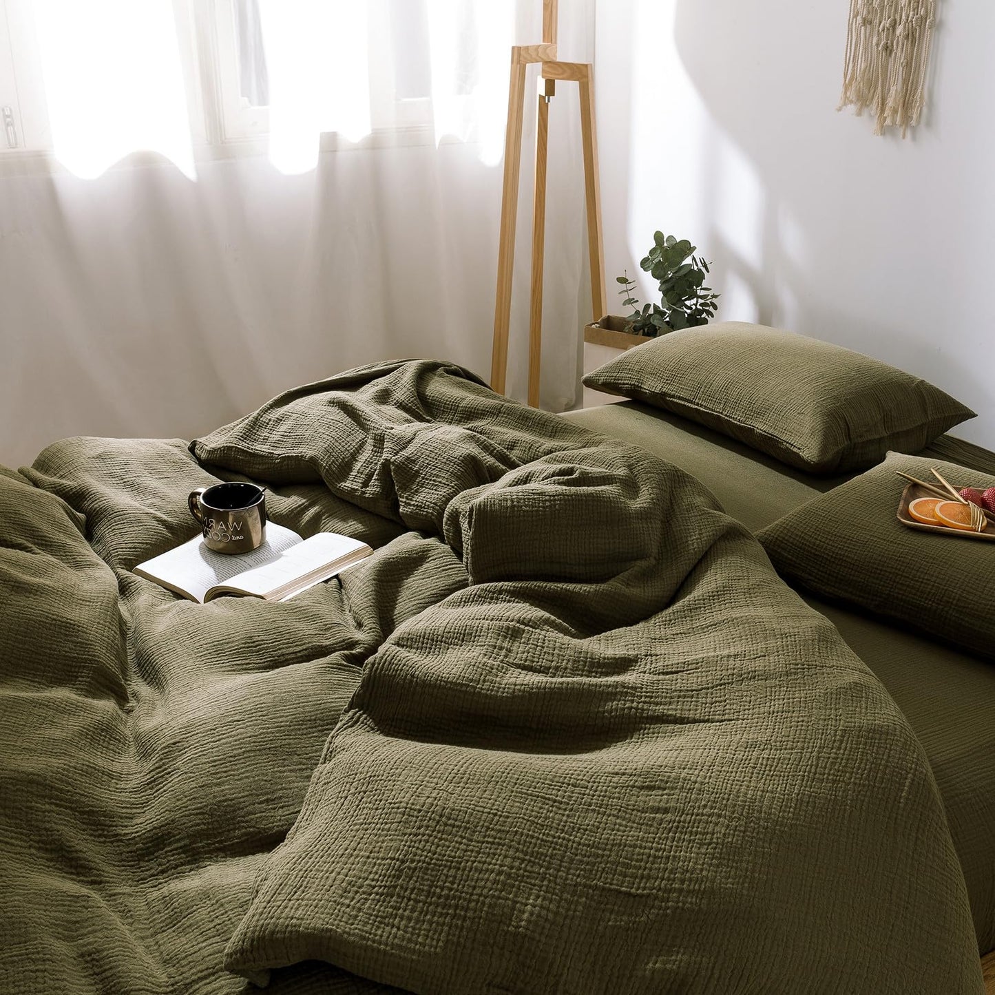 VM VOUGEMARKET Olive Green Duvet Cover Queen Size - 3 Pieces Muslin Cotton 3-Layer Guaze Textured Bedding Set, Includes 1 Duvet Cover 90x90 Inches with Zipper Closure & 2 Pillowcases