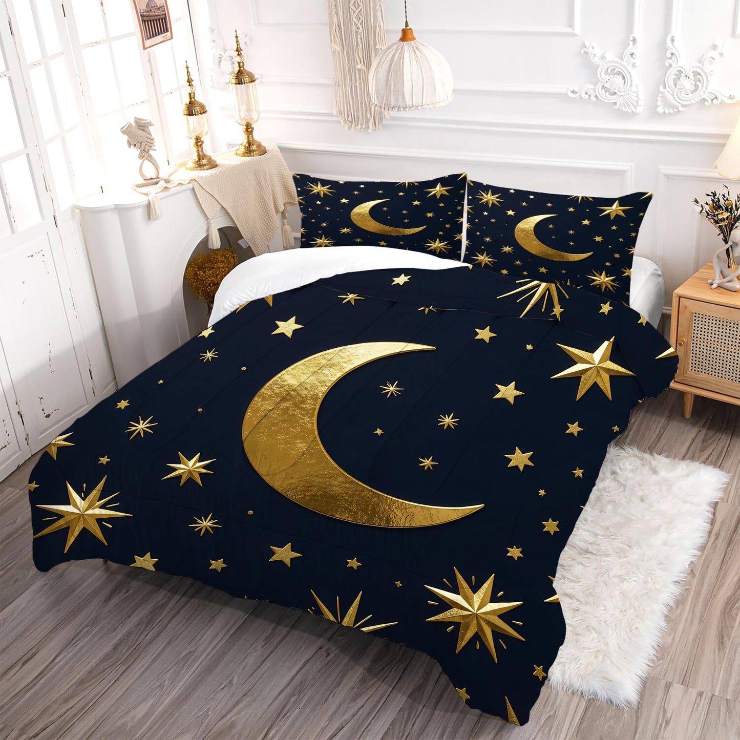 VTKON Gold Moon and Stars Bedding Set, Luxury Celestial Night Sky Comforter Set, Gold Starry Print Bed Set for Girls Bedroom Decor (Queen Size 3Pcs with 2 Pillow Cases)