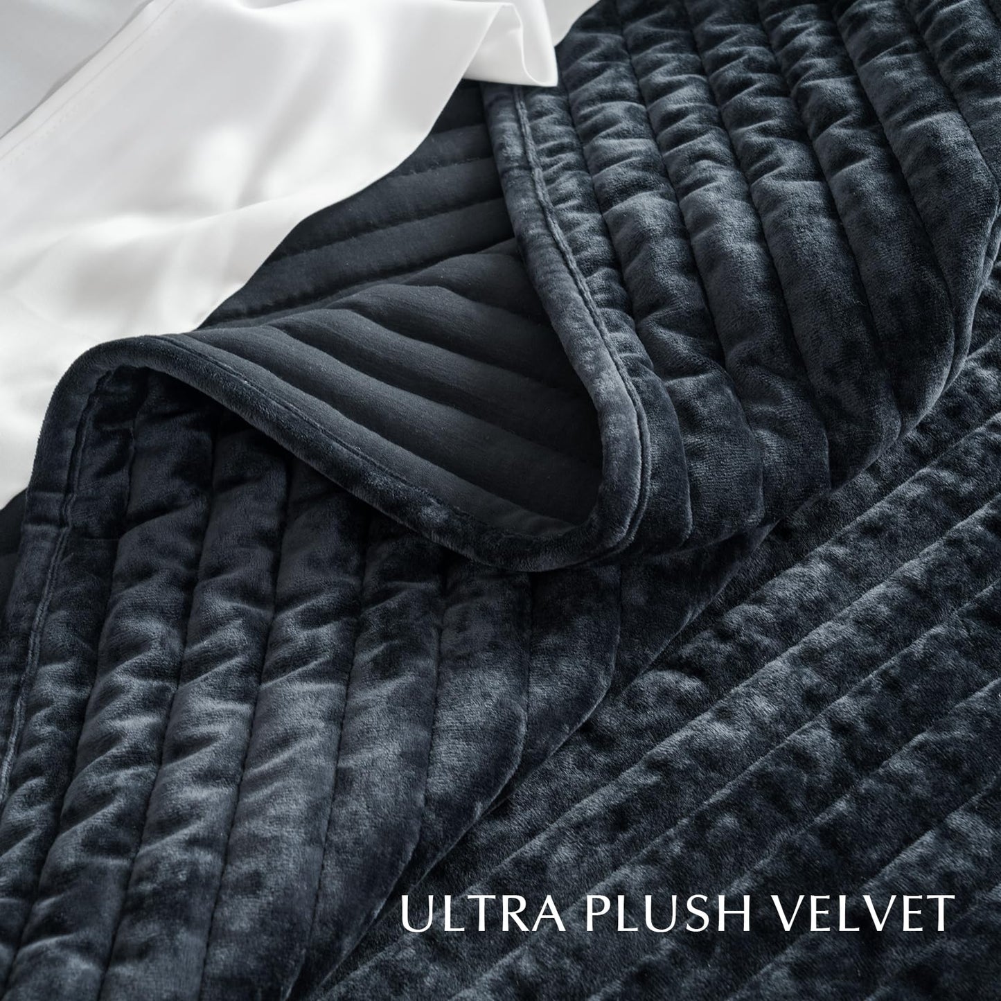 EverGrace Velvet Quilt Set King Size, Luxurious Soft Striped Channel Bedding Set, Lightweight Velvet Comforter for All Season, Oversized Bedspread Coverlet with 2 Matching Shams, Black
