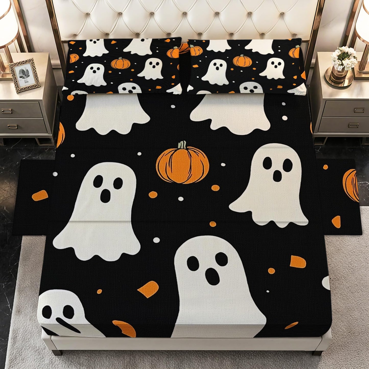 Halloween Sheets Twin Size - Cartoon Ghost Pumpkin Bed Sheet Set - Deep Pocket Soft Microfiber Bedding Set 3 Piece - Fitted Flat Sheet Pillowcase - Halloween Bedroom Decor & Gifts