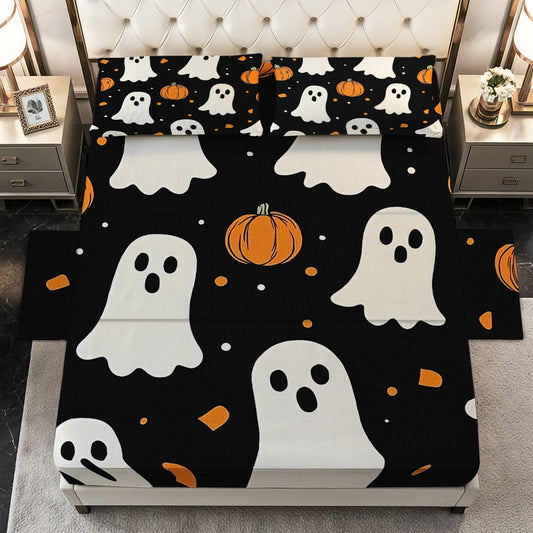 Halloween Sheets Twin Size - Cartoon Ghost Pumpkin Bed Sheet Set - Deep Pocket Soft Microfiber Bedding Set 3 Piece - Fitted Flat Sheet Pillowcase - Halloween Bedroom Decor & Gifts