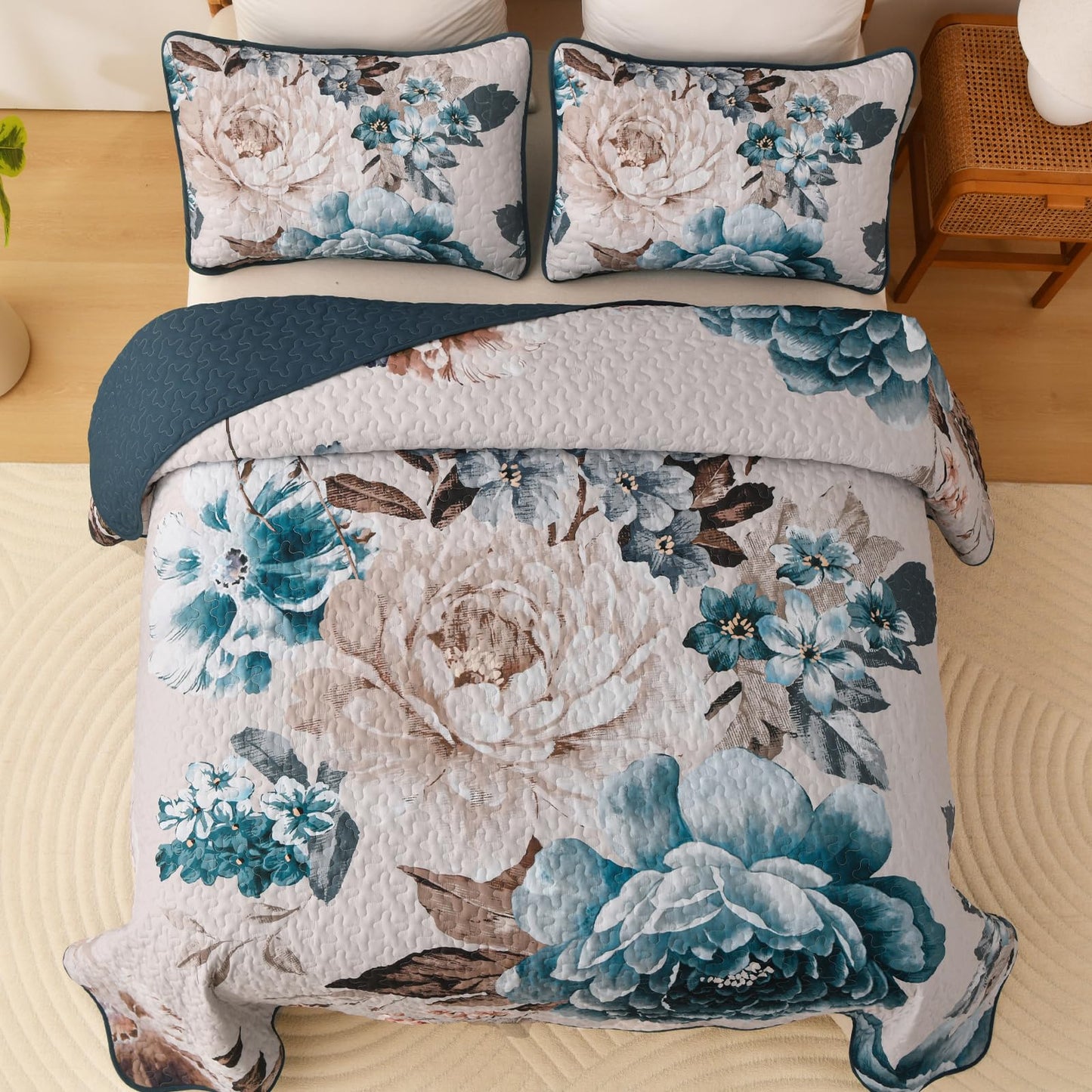 WONGS BEDDING Floral Quilt Set Aqua Queen,Quilted Printed Lightweight Bedspread Bedding Set for All Season,3 Pieces Reversible Botanical Plant Coverlet Set with 2 Pillow Shams