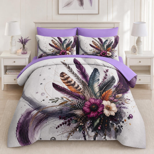 Boewywh Comforter Set Twin Size Boho Feather Purple 7 Pcs, Bedding for Kids and Adults, Floral Vintage Bed Sheet Sets with Fitted Sheet 2 Pillowcases & 2 Shams for Bedroom Bed Decor