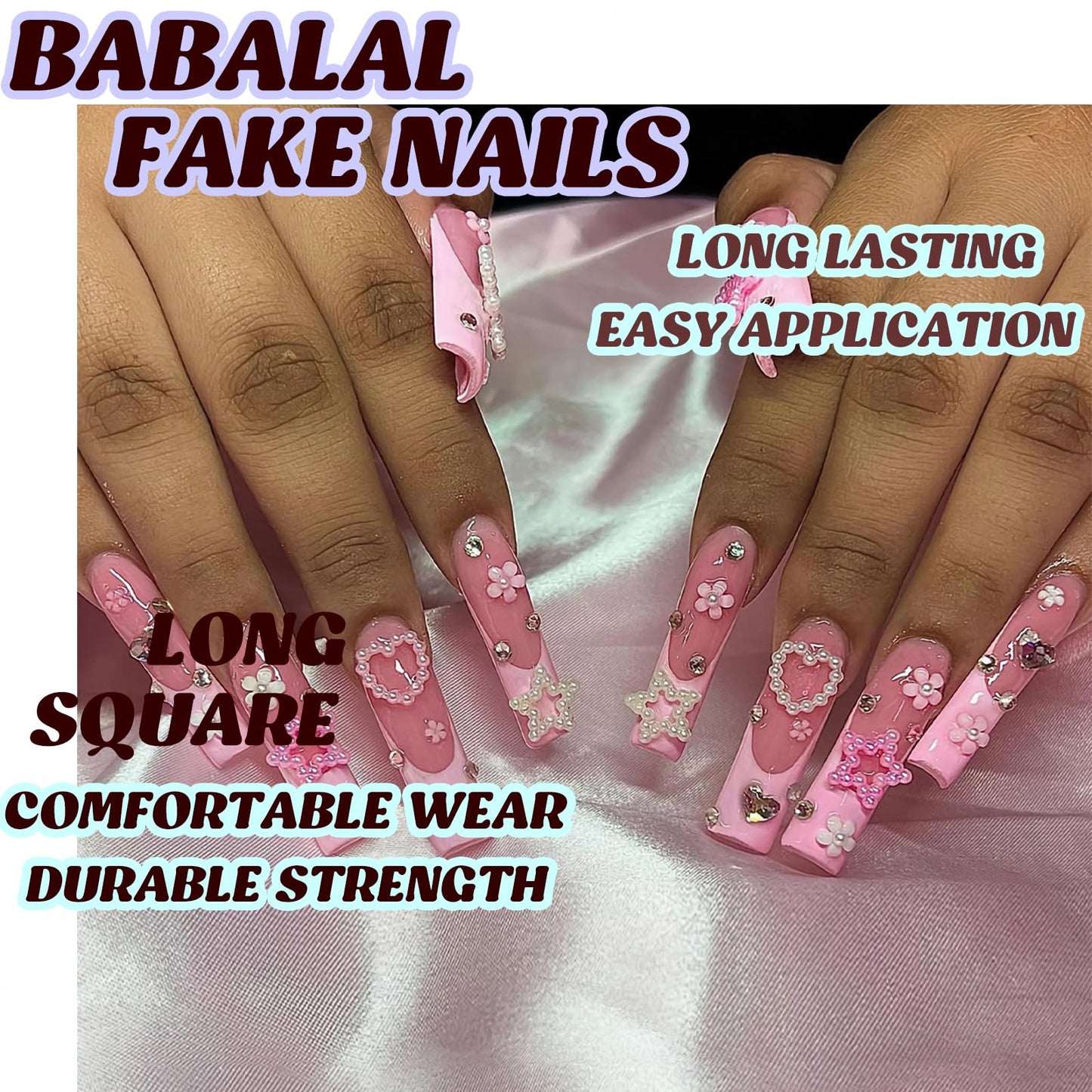 BABALAL Long Square Press on Nails - Pink French Tip Fake Nails, 3D Pearl Bow Heart Charm Acrylic Nails for Valentines Day, 24Pcs