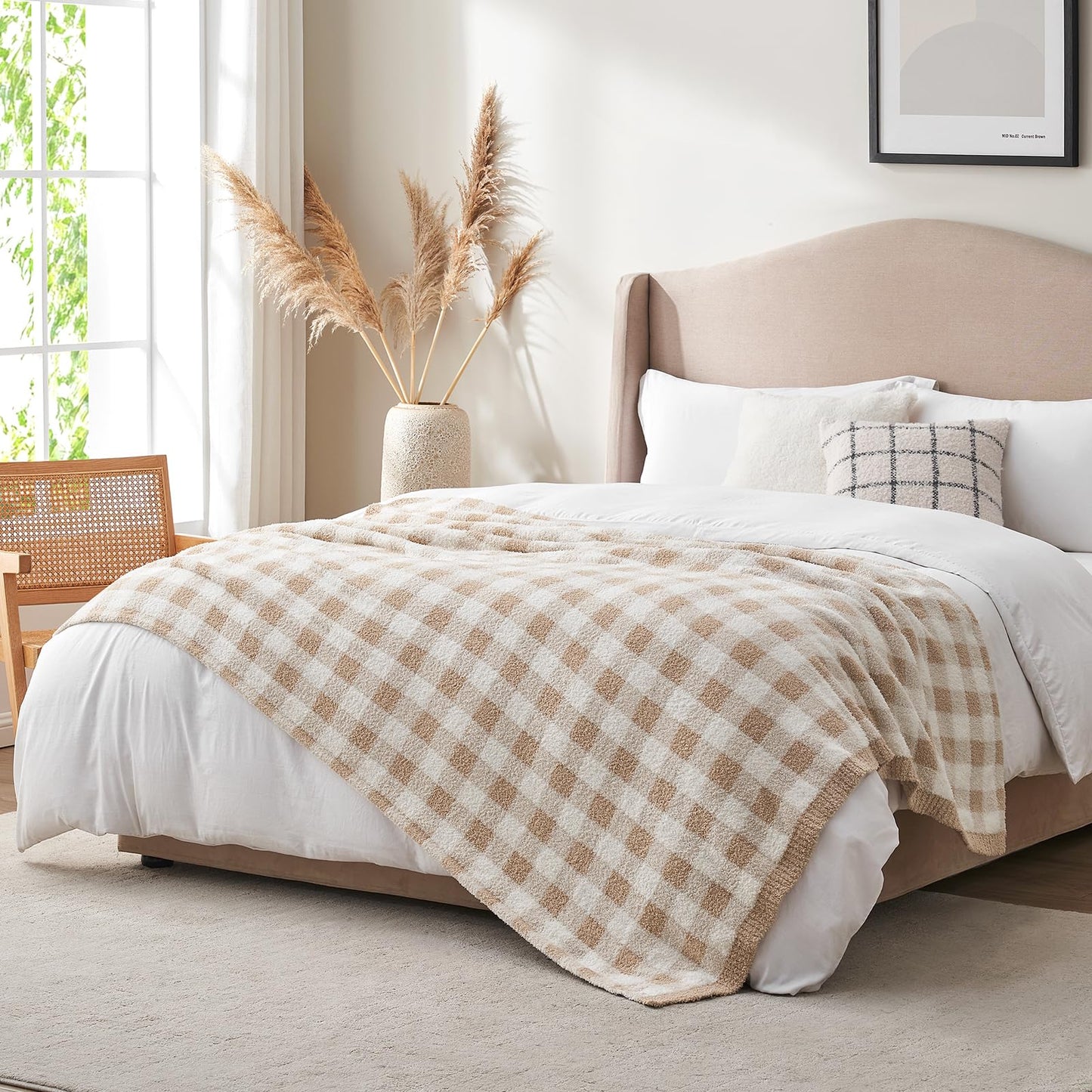 Snuggle Sac Checkered Throw Blanket for Couch, Super Soft Cozy Warm Knit Netural Decorative Fluffy Blankets, Reversible Buffalo Plaid Microfiber Throws for Sofa Bed, Plaid Beige, 50x60 Inches