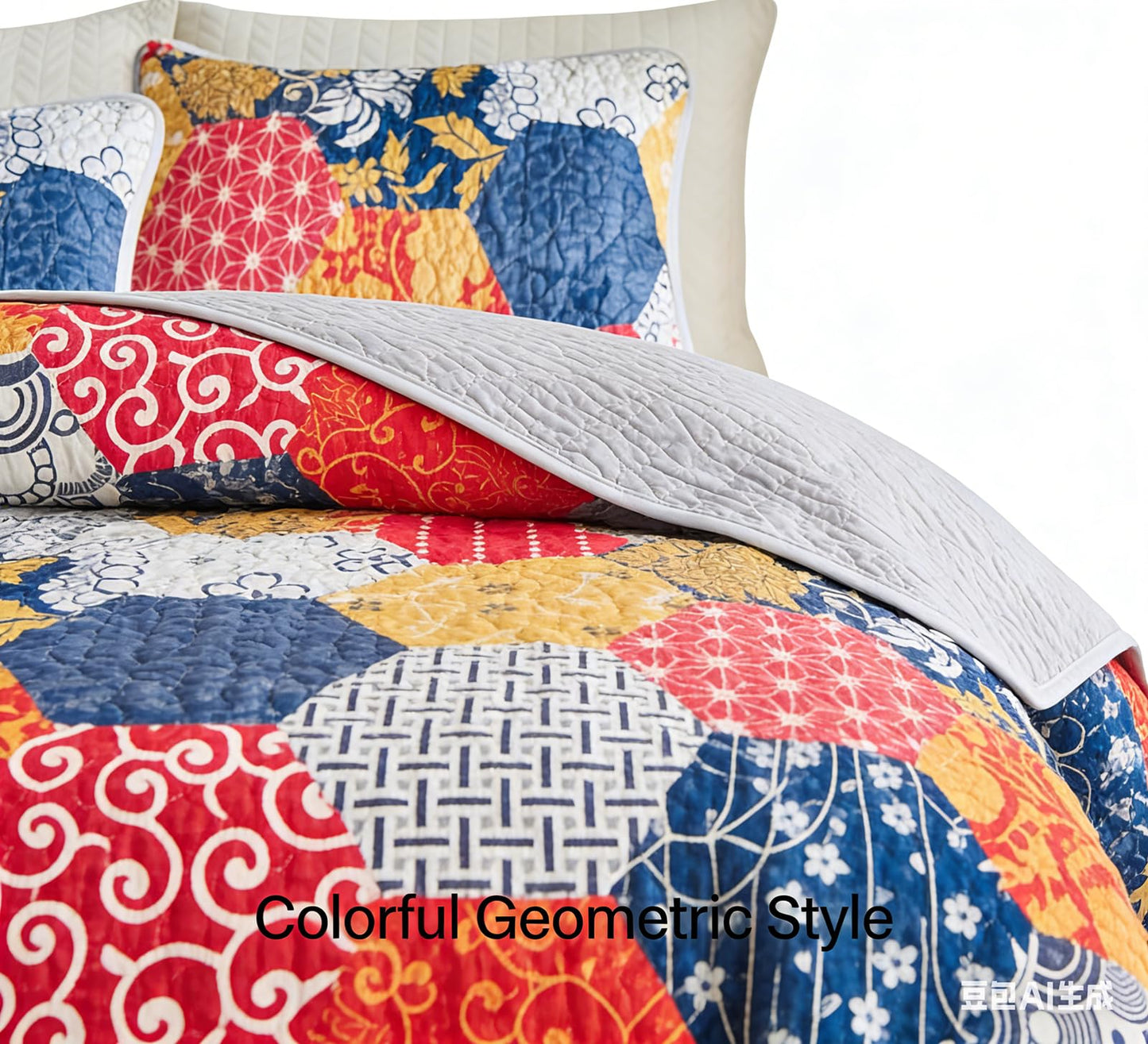Andreannie Boho Quilt Set King Size, Reversible Floral Geometric Honeycomb Pattern Bedspread, Soft Lightweight Microfiber Bedding Coverlet, All Season Bohemian Quilt with 2 Pillow Shams, 3 Pieces