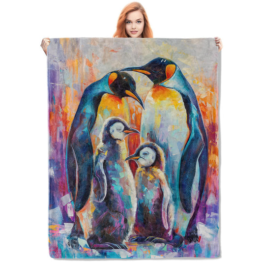 VANZEV Colorful Penguin Family Flannel Blanket,Artistic Wildlife Painting Print Soft Lightweight Throw Blankets Gifts for Women Animal Lovers,60" x 80" Perfect for Couch Bed Home Travel Decor
