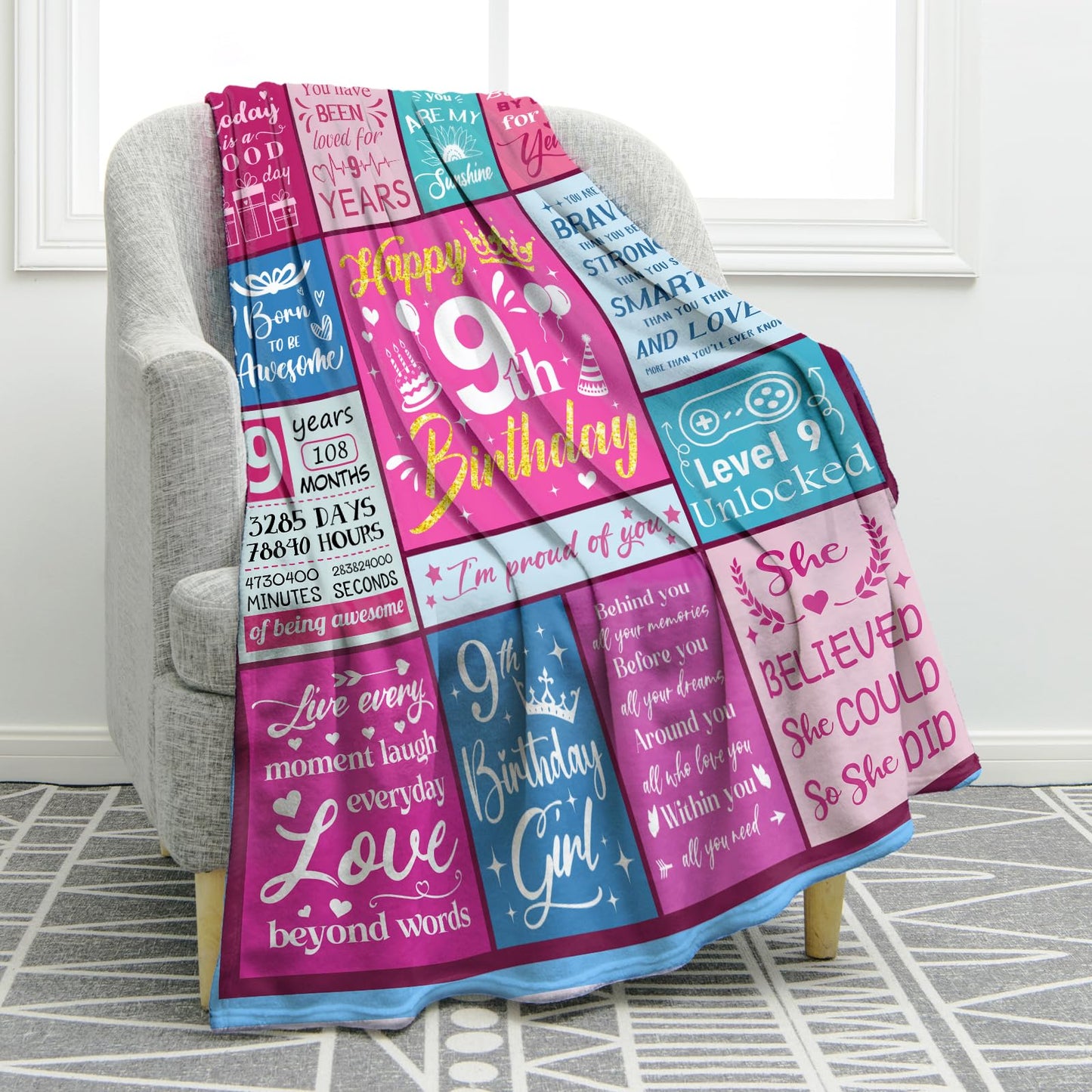 Jekeno Sweet 9 Gifts for Girls, 9th Birthday Gifts for Girls Blanket, 9 Year Old Girl Birthday Gift Ideas, 9th Birthdays Decorations, Happy 9th Christmas Birthdays Presents, Soft Cozy Throw 50"x60"