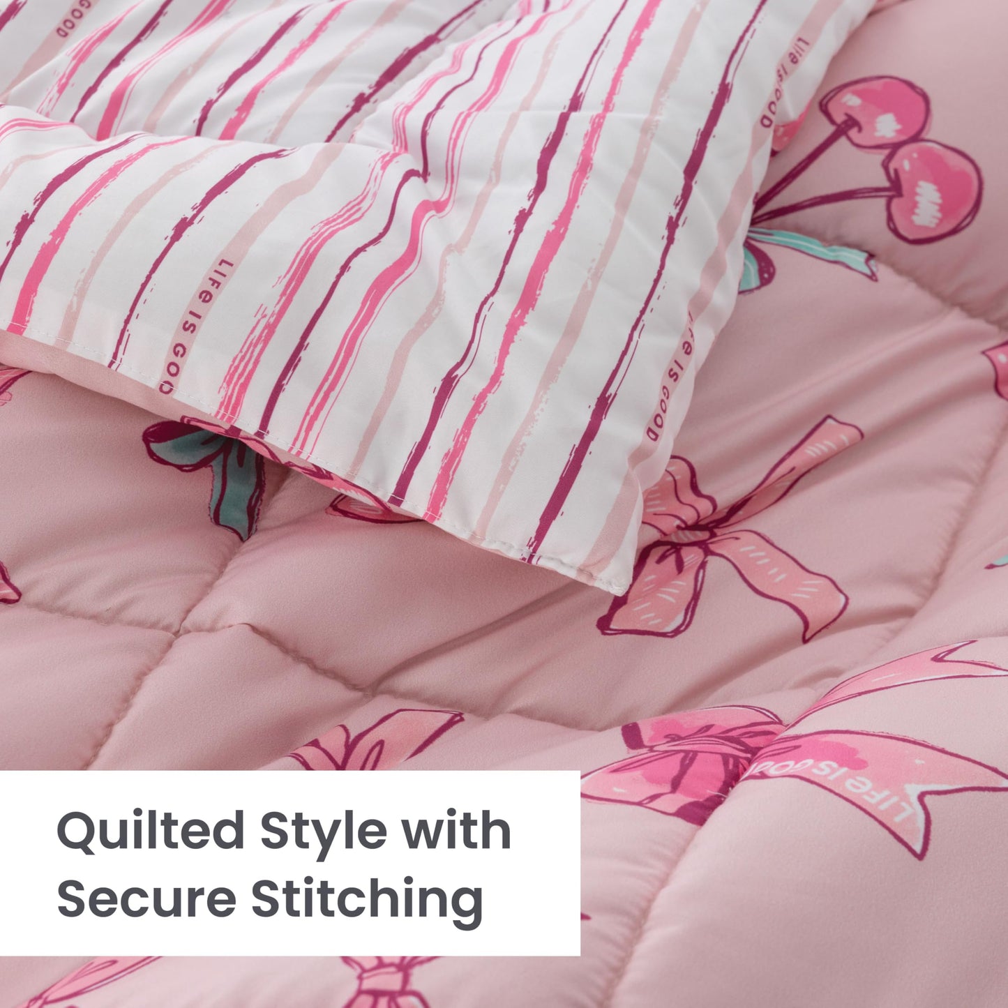 Berkshire LIG Printed Reversible Microfiber Comforter Set–7-Piece, Ultra Soft All-Season Bedding, Wrinkle & Fade Resistant, Queen, Cherry Bows Blush