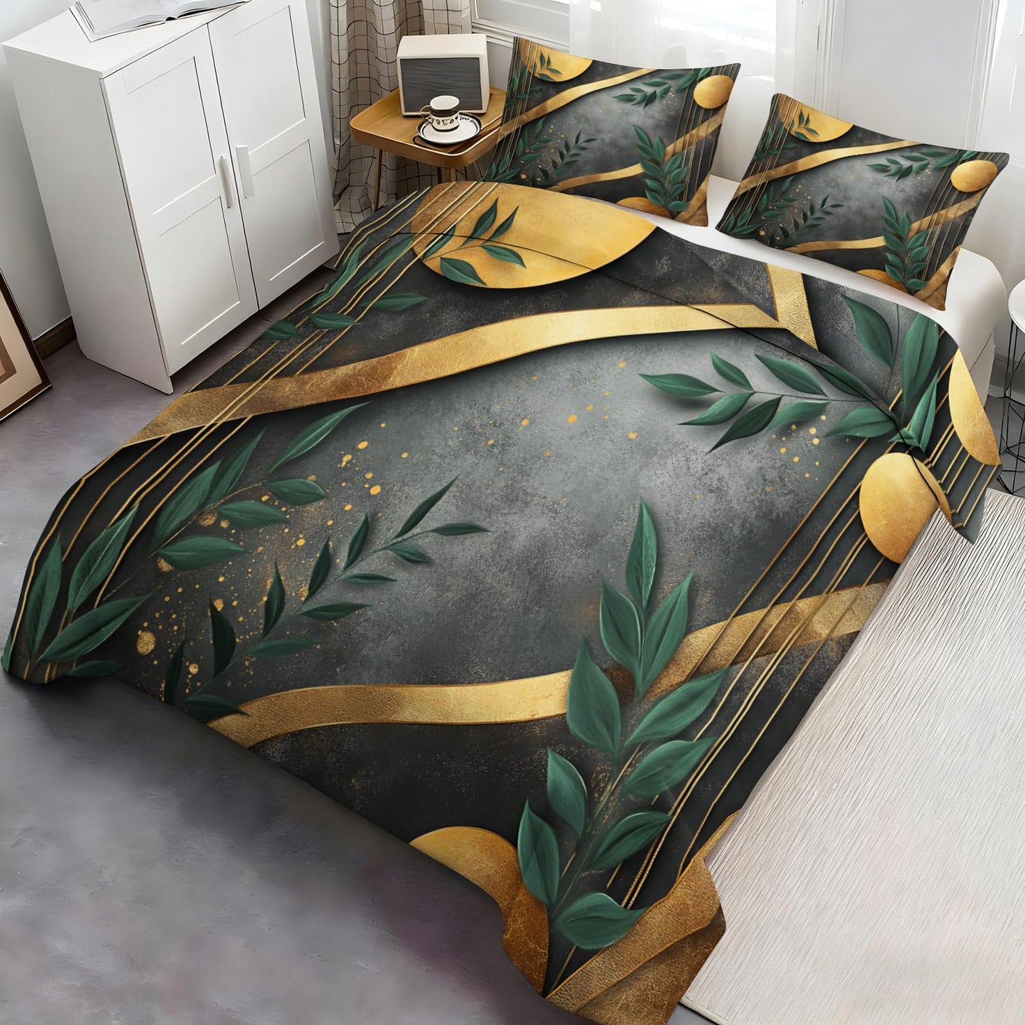 GKPLY Geometric Bedding Green Leaves Duvet Cover Full Modern Abstract Comforter Cover with Zipper & Ties - 3 Pieces with 2 Pillowcases - Home Decor & Gifts Black and Grey Design