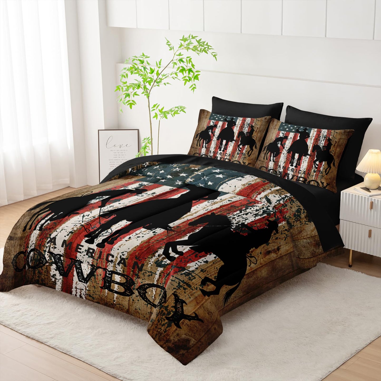AILONEN Western Cowboy Comforter Set Full Size,7-Piece Rodeo Cowboy Riding Bull Bed in a Bag,United States Retro Country Style Comforter & Fitted Sheet & Flat Sheet & 2 Pillowcases,Soft Microfiber