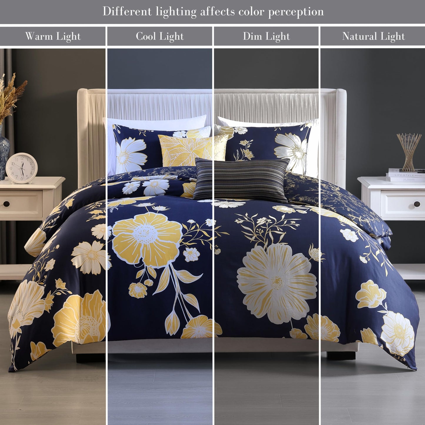 Bebejan Sunglow 5 Piece Comforter Set, 100% Cotton Sateen, 220 Thread Count, Blue Reversible Bedding Comforter Set, 1 Comforter, 2 Shams & 2 Pillows (King/Cal King)