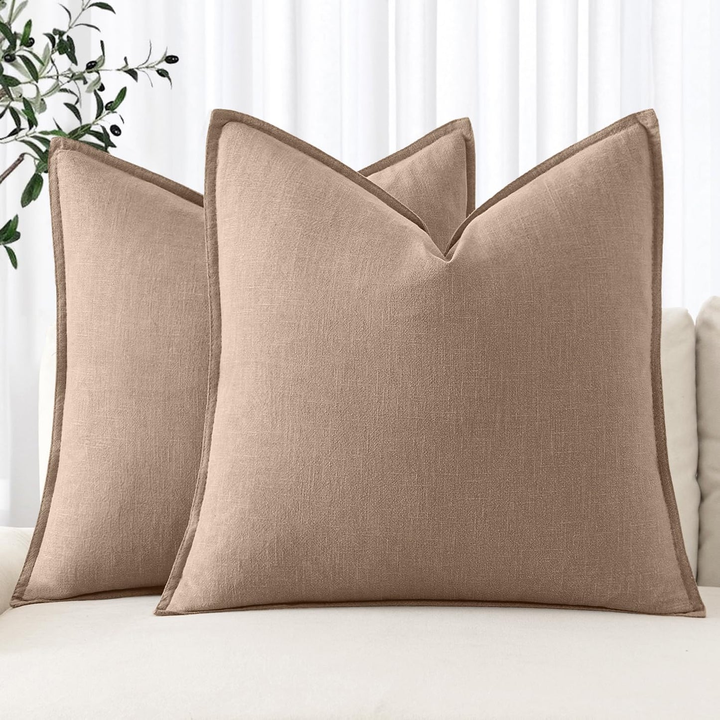 MIULEE Decorative Linen Euro Sham Pillow Covers 24x24 Camel Boho Farmhouse Neutral Couch Throw Pillows for Bed Pack of 2 Accent Modern Pillowcase Sofa Livingroom Home Decor