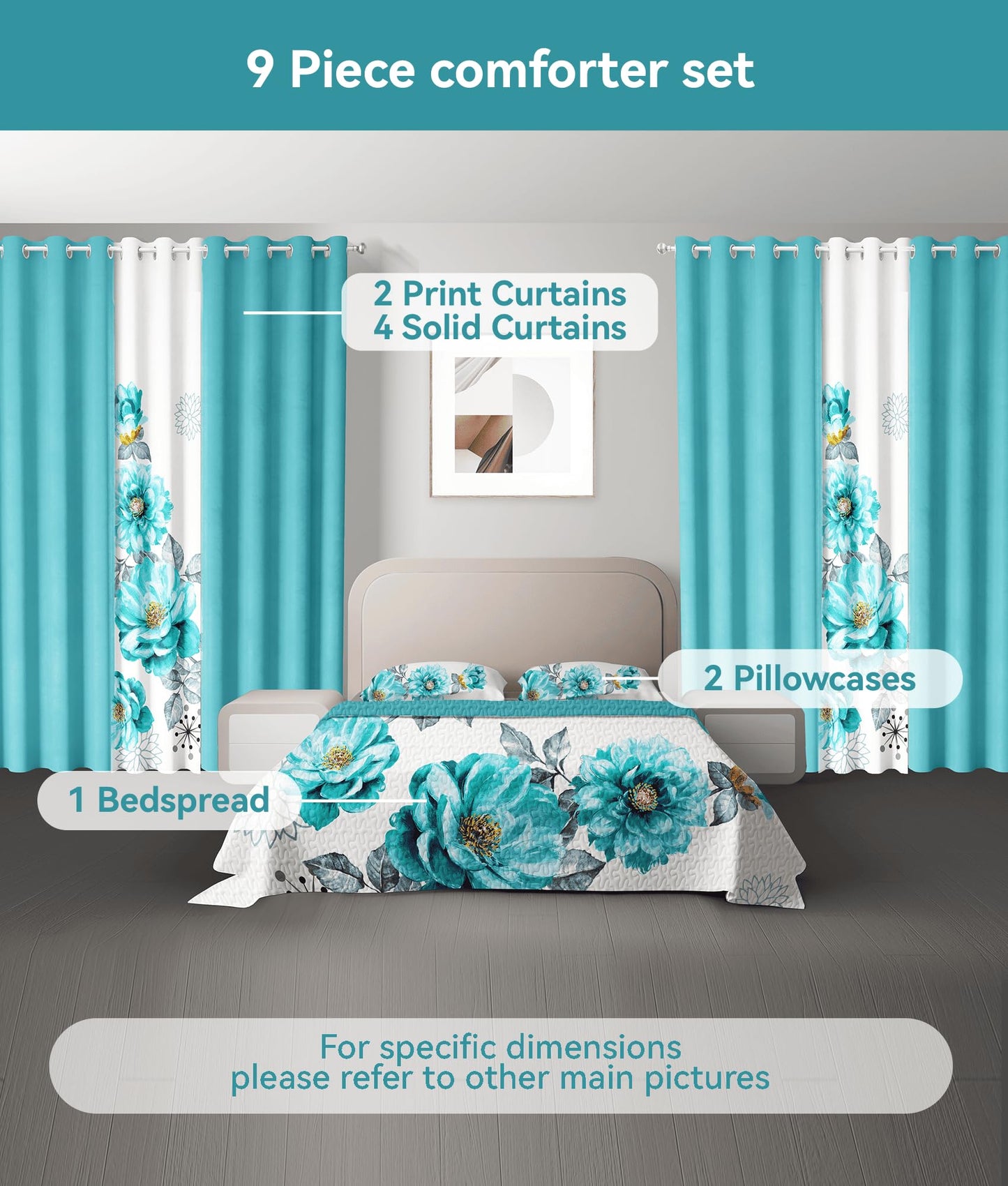 CozyCreatures Vintage Boho Mint Green King Light Comforter Set, 9-Piece Bed in a Bag with Curtains, Brushed Microfiber Bedspread Set with Matching Curtains for Master Bedroom, Machine Washable