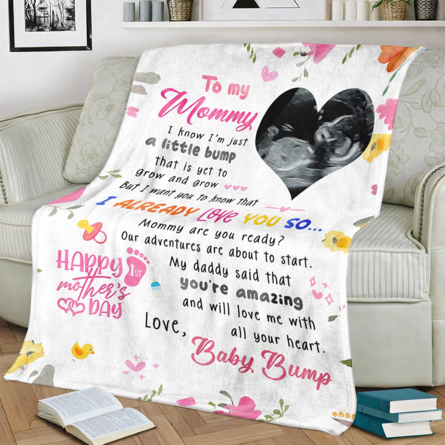 KiKiLuna Personalized Ultrasound Photo Heart Blanket, First for Pregnant Women, Pregnancy Announcement Flannel Throw, Baby Bump Message, 5 Color Background Options