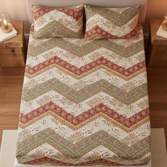 DaDalogy Bedding Floral Fitted Sheet Only w/Pillow Cases - Botanical Bohemian Chevron Paisley Filigree Pattern - Colorful Cranberry Red Sage Green Ivory White - Full Size - 3-Pieces