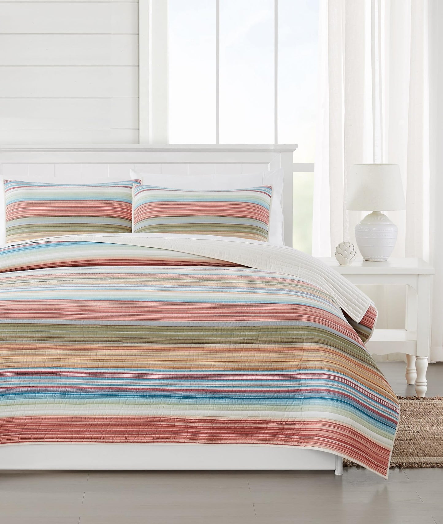 Oceanfront Resort Palm Beach Yarn Dye Stripe 2 Piece Twin Quilt Set, Coastal and Nautical Themed, Oeko-TEX Certified Confidence