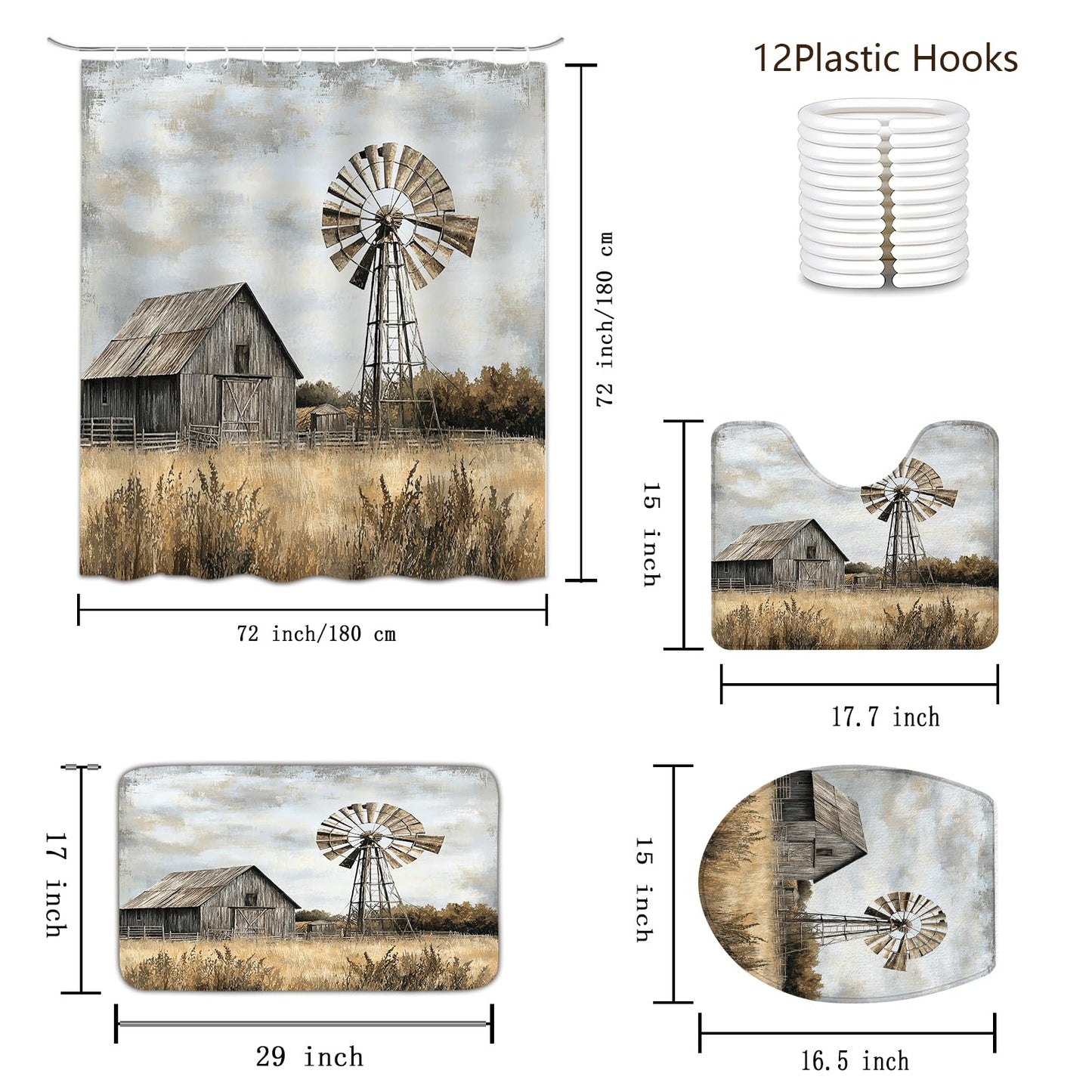 Sokdcam 4PCS Rustic Barn Windmill Shower Curtain Set, Western Farm Barn Farmhouse Bathroom Accessories with Non-Slip Rugs, Toilet Lid Cover Bath Mat and 12 Hooks, Home Decor 72" x 72"