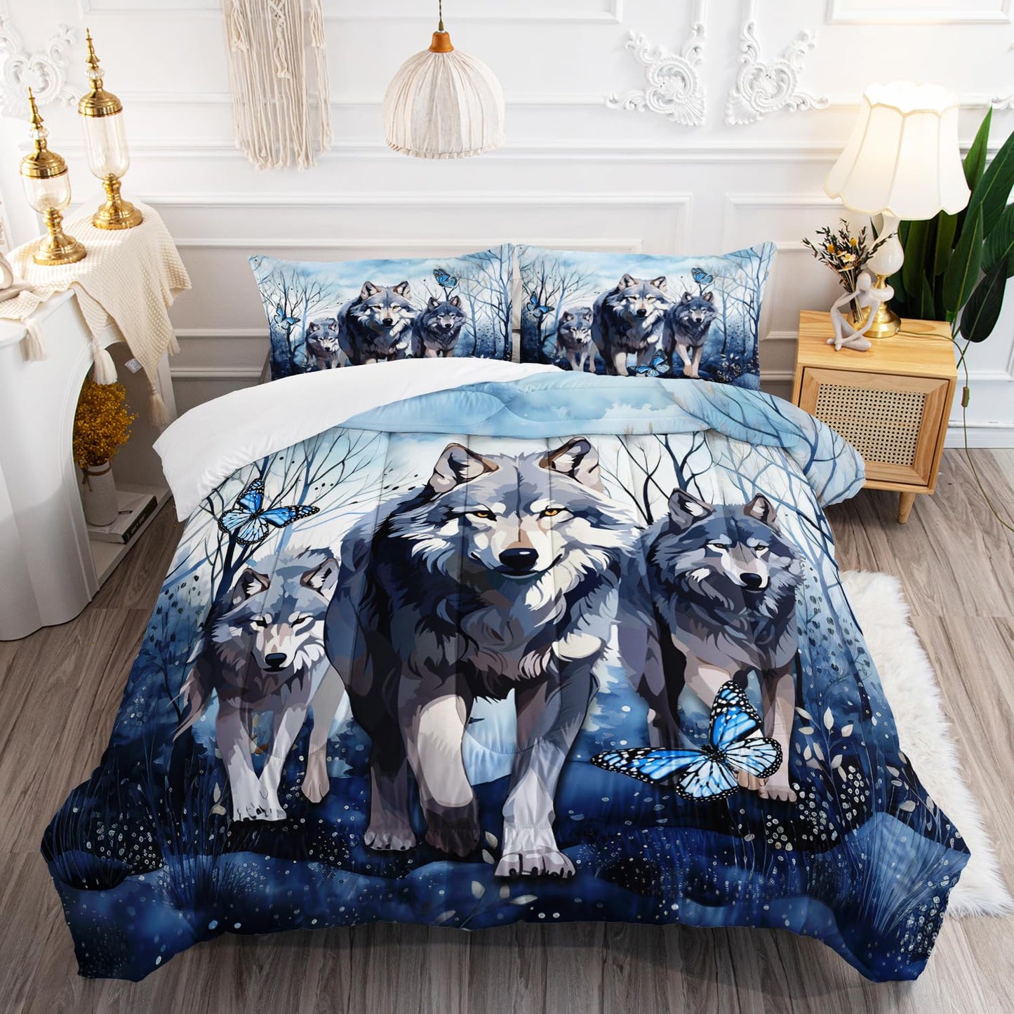 AILONEN Wolf Comforter Set - Twin Size, Tie Dye Wolf Quilt with 2 Pillowcases, 3 Pieces Safari Wolves Print Set