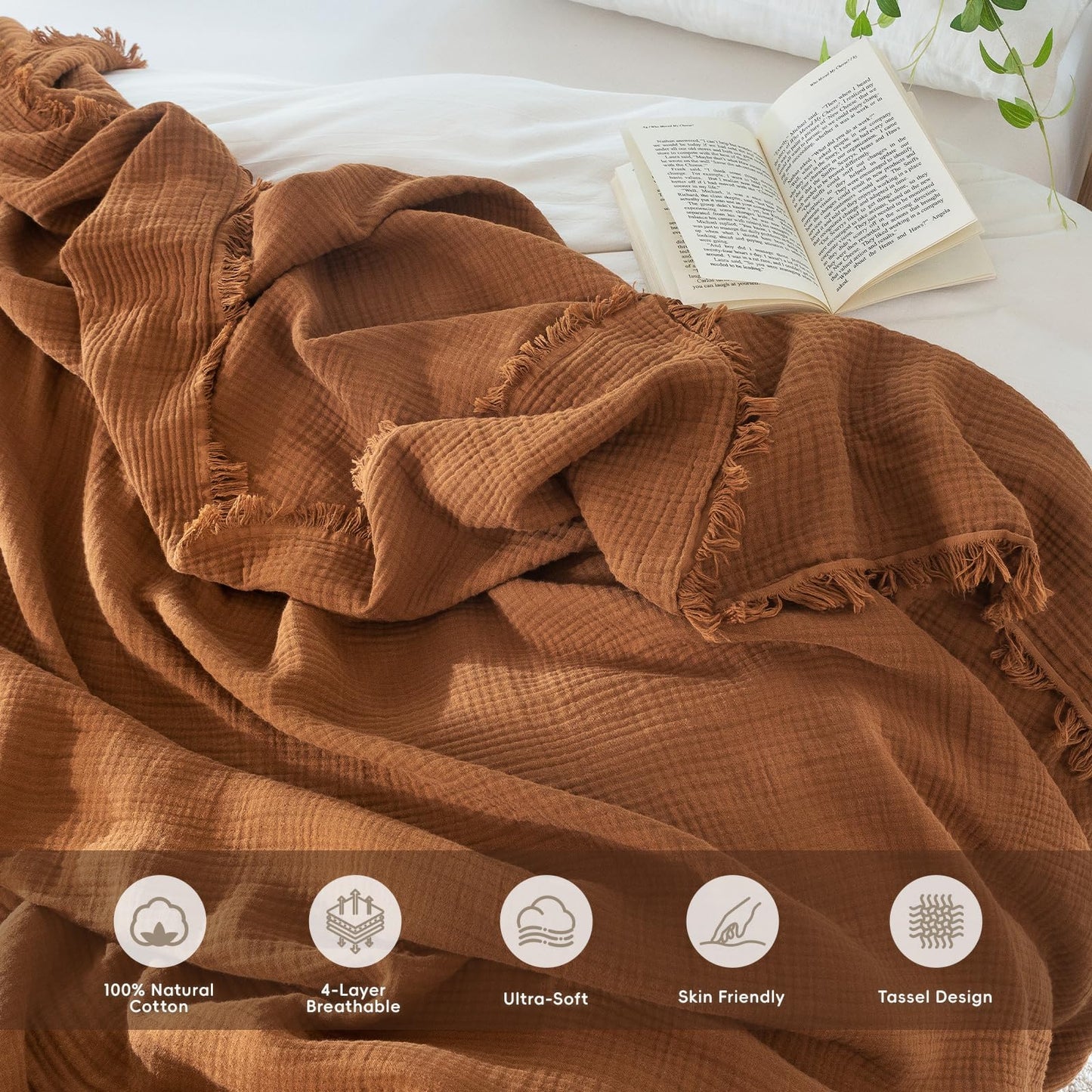 MooMee Muslin Blanket - 100% Cotton 4-Layer Gauze Throw Blanket with All-Around Fringe, Soft Breathable Lightweight Cooling Summer Blankets for Bed Couch (Drak Orange,Queen 90" x 90")