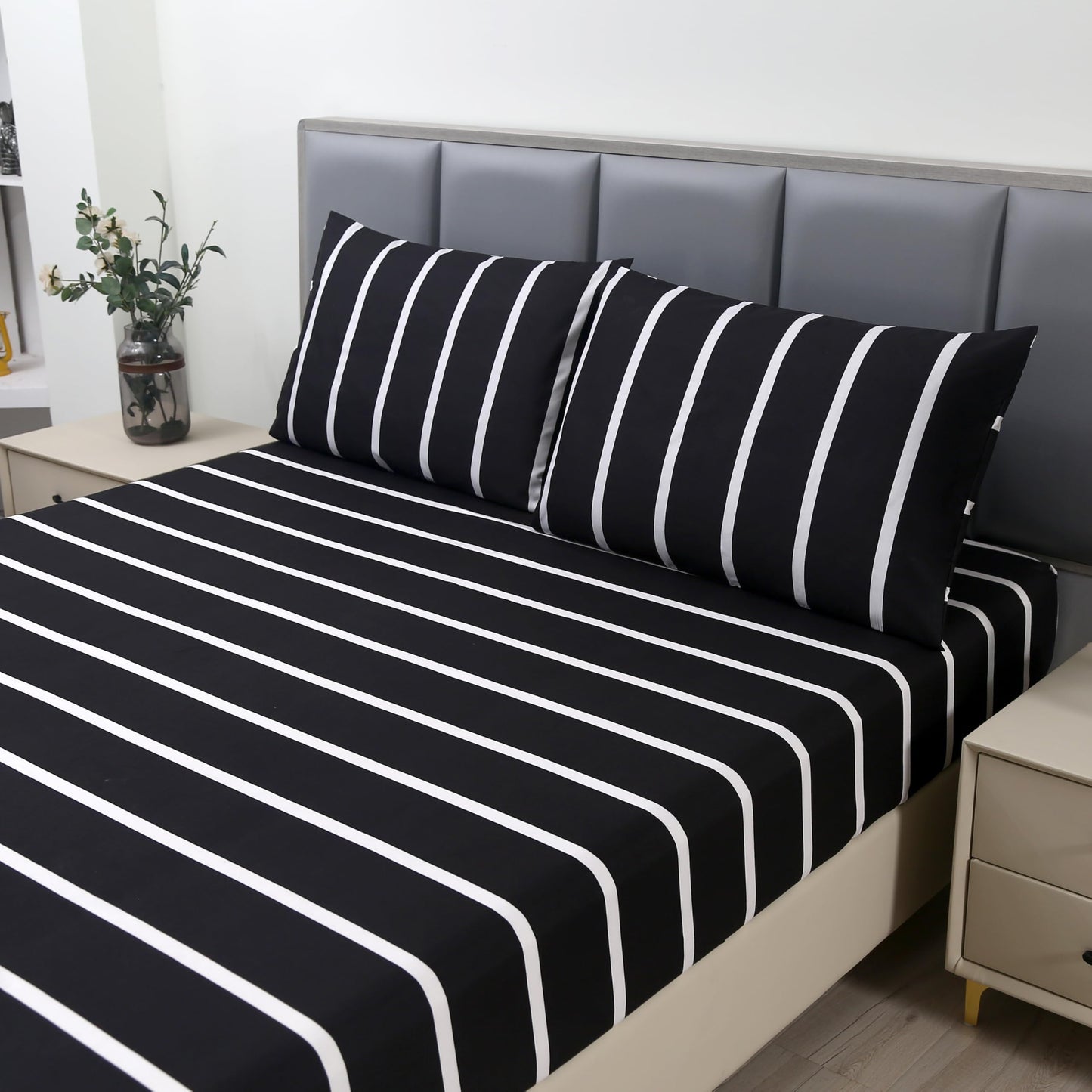 MAG 3pcs Striped Full Bed Sheet,Black and White Pattern Microfiber Fitted Sheets,Hotel Quality with1 Fitted Sheet and 2 Pillowcases,14 Inches Deep (Black and White, Full)