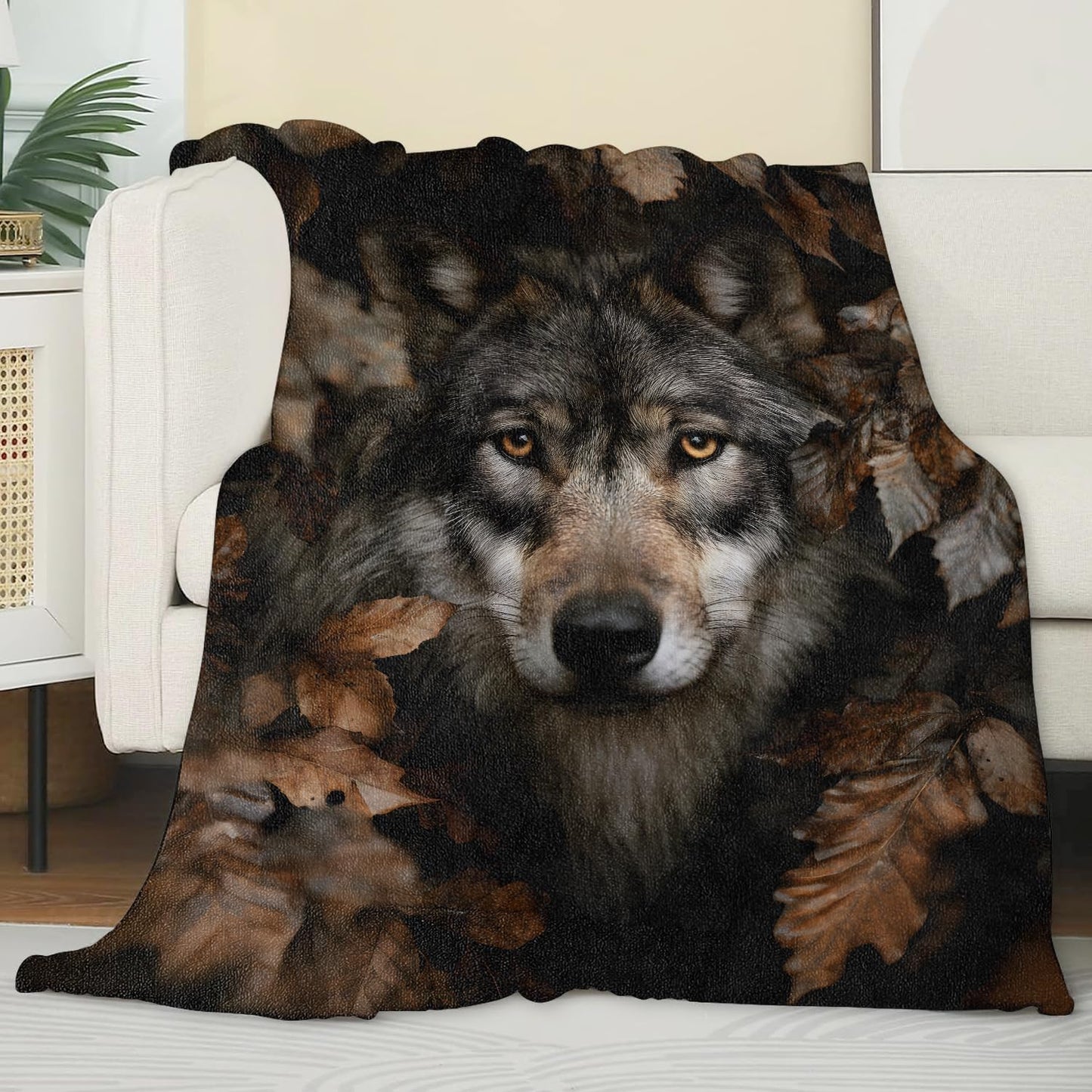 Zeleda Wolf Blanket, Gifts for Animal and Fall Lovers, Lightweight Flannel Throw Blankets, Realistic Woodland Wildlife with Autumn Leaf Throws Home Decor, for Couch Living Room Office, 60x50inch