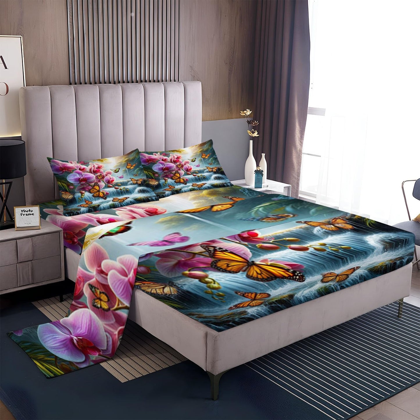 King Sheet Set, Waterfall Flower Butterfly Green 4 Pieces Cooling Bedding Sheets & Pillowcases, Breathable Brushed Microfiber, Extra Soft Bed Sheet Set with Deep Pocket