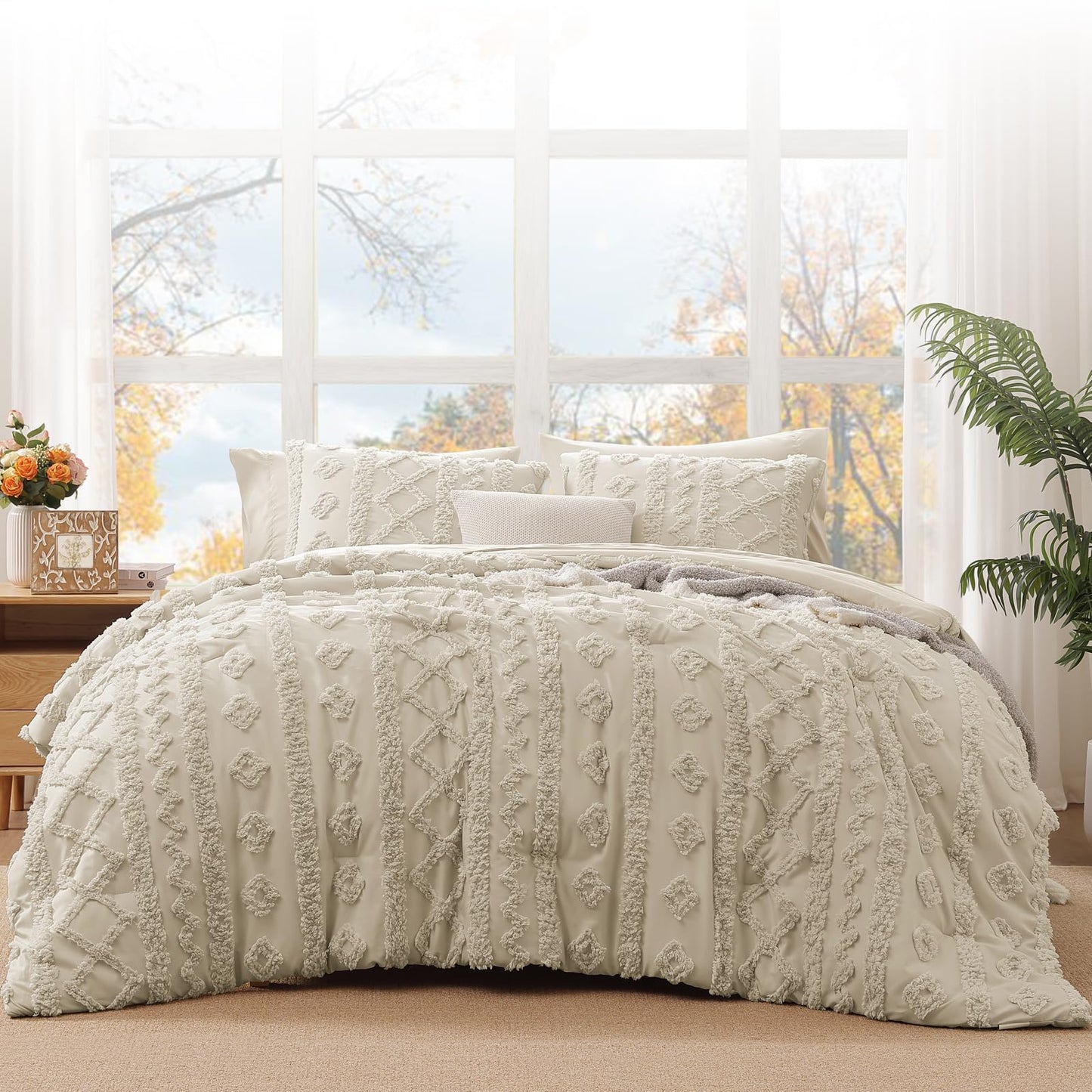 WRENSONGE Queen Size Comforter Set with Sheets - 7 Pieces Beige Tufted Bed in a Bag Queen Shabby Chic Bedding Sets with 1 Comforter, 2 Sheets, 2 Pillowcases & 2 Shams
