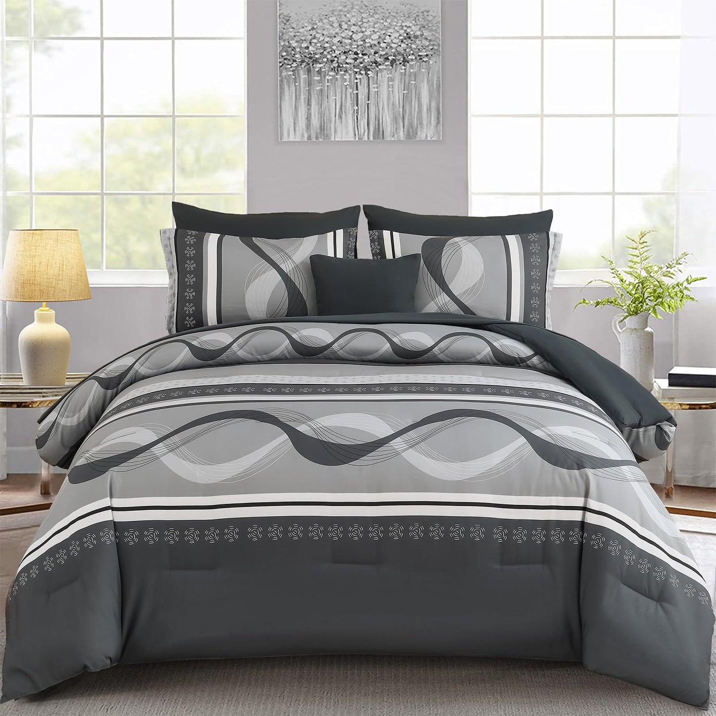 Anibedding Grey Comforter Set Queen Size,8 Pieces Bed in a Bag Patchwork Striped Bedding Sets,Boho Soft Microfiber Bedding Set for All Season(90"×90")