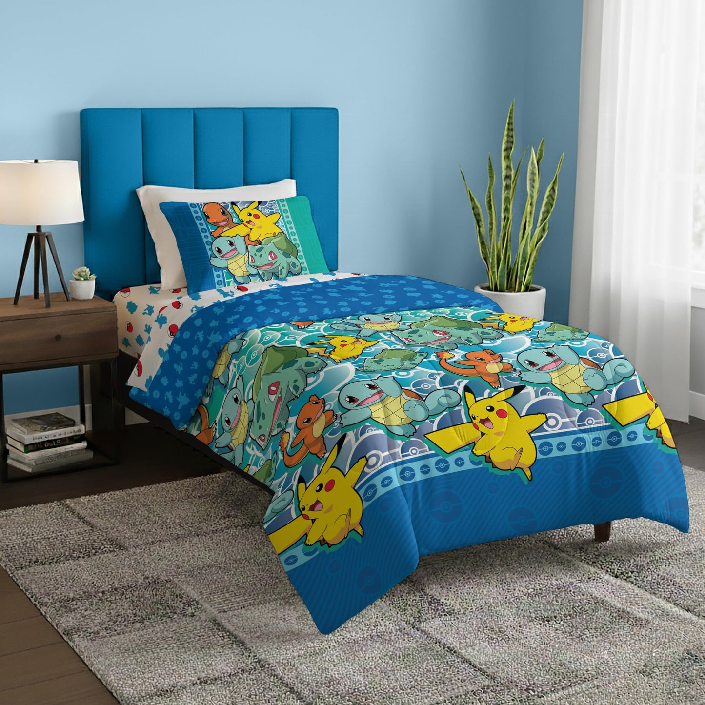 Northwest Pokemon First Starters Twin Size Bed in a Bag Set, Pikachu Charmander Squirtle Bulbasaur, Kids Boys Girls Bedding Comforter Sheets