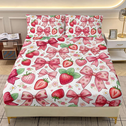 AILONEN Strawberry Bow Twin Fitted Sheet Set, 3 Piece Microfiber Bedding Pack with 2 Pillowcases, 16 Inch Deep Pocket, Pink Fruit Room Style