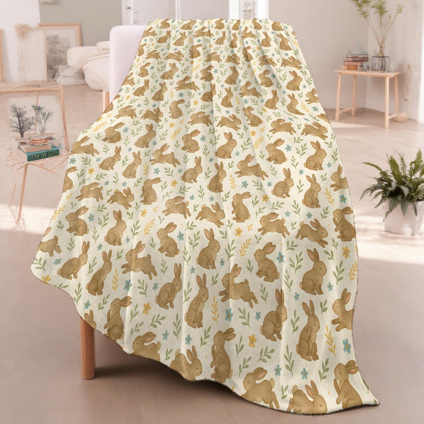 Cute Brown Bunny Pattern Throw Blanket for Boys Girls Kids Adults, Cozy Rabbit Theme Flannel Blankets Gifts for Camping, Bedroom, Couch, Room Home Decor, 50"x60"