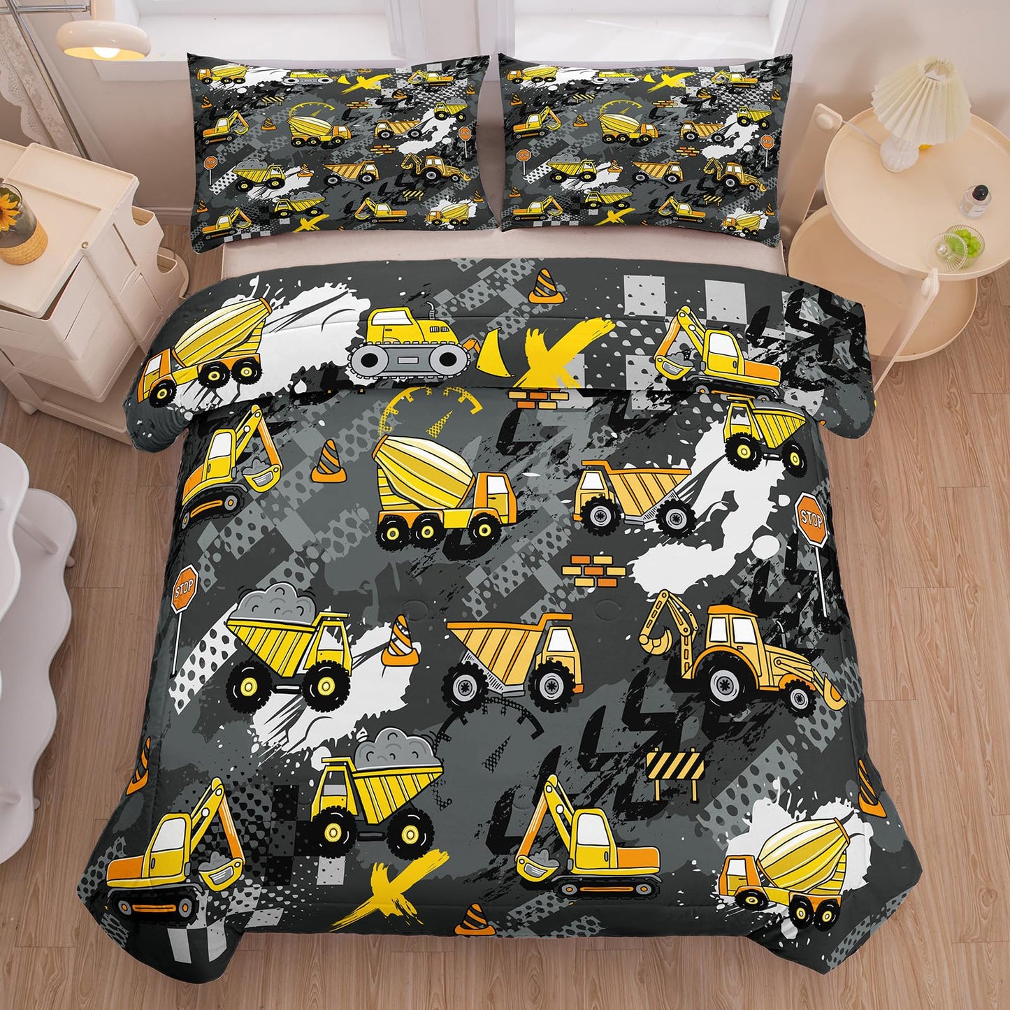 Peopleareok Construction Truck Kids Comforter Set for Boys Twin (68x86 Inch), 2 Pieces Construction Excavator Truck Bedding Sets for Toddler Children, Super Soft Microfiber Comforter with 1 Pillowcase