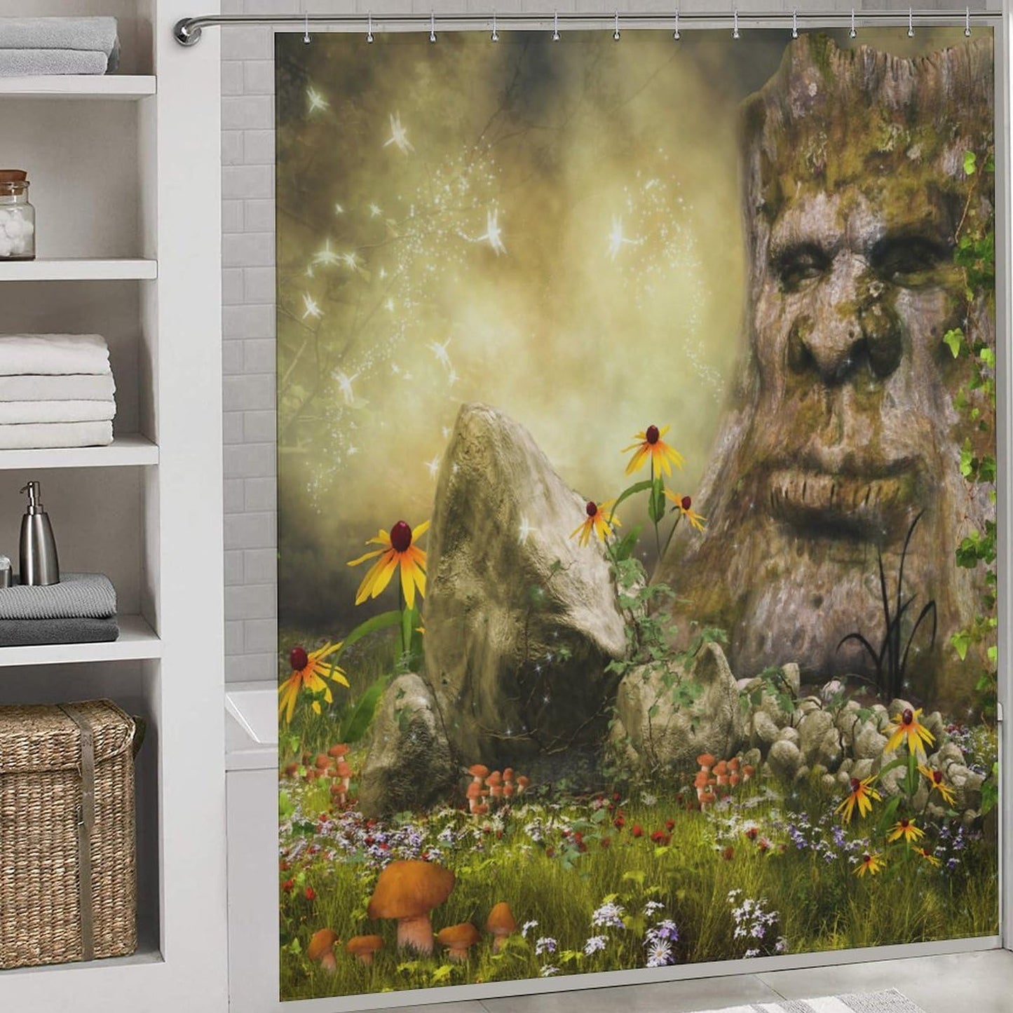 TYVGICZ Bohemian Fantasy Shower Curtain, Magic Forest Enchanted Woods Mystical Landscape Nature Tree Floral Mystical Landscape Bath Curtain for Bathroom Laundry Room Home Bedroom Decor,66x72 Inch
